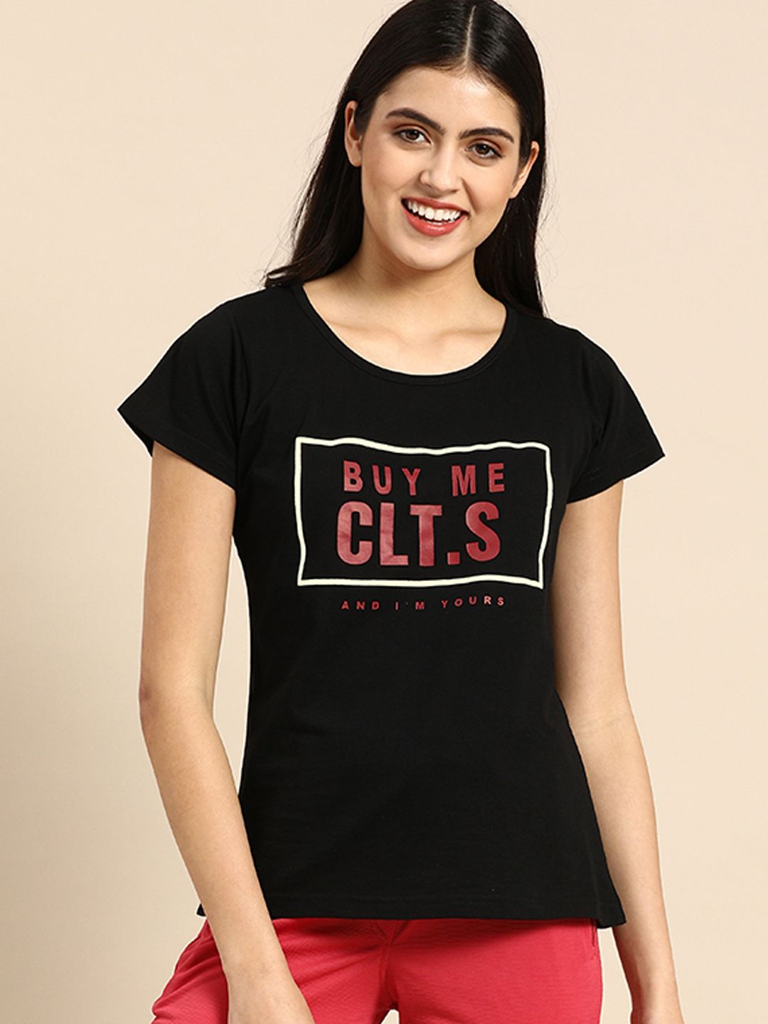 Clt.s Women Black Pure Cotton Graphic Printed Lounge T-shirt Price in India