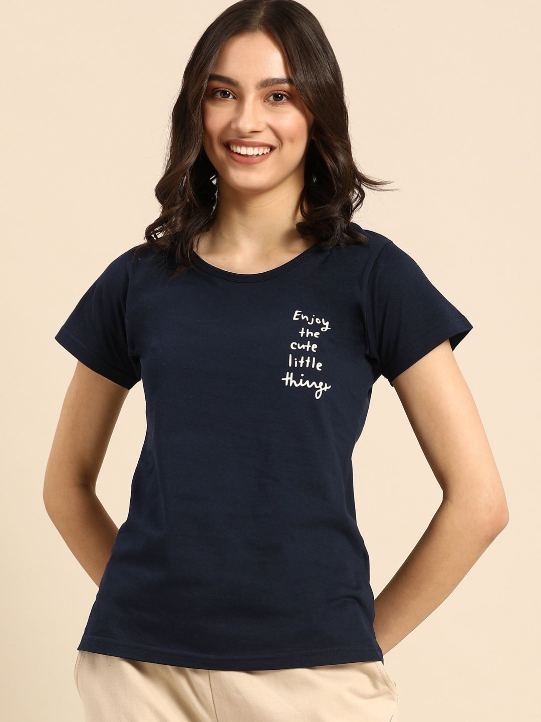 Clt.s Women Navy Blue Pure Cotton Typography Printed Lounge T-shirt Price in India
