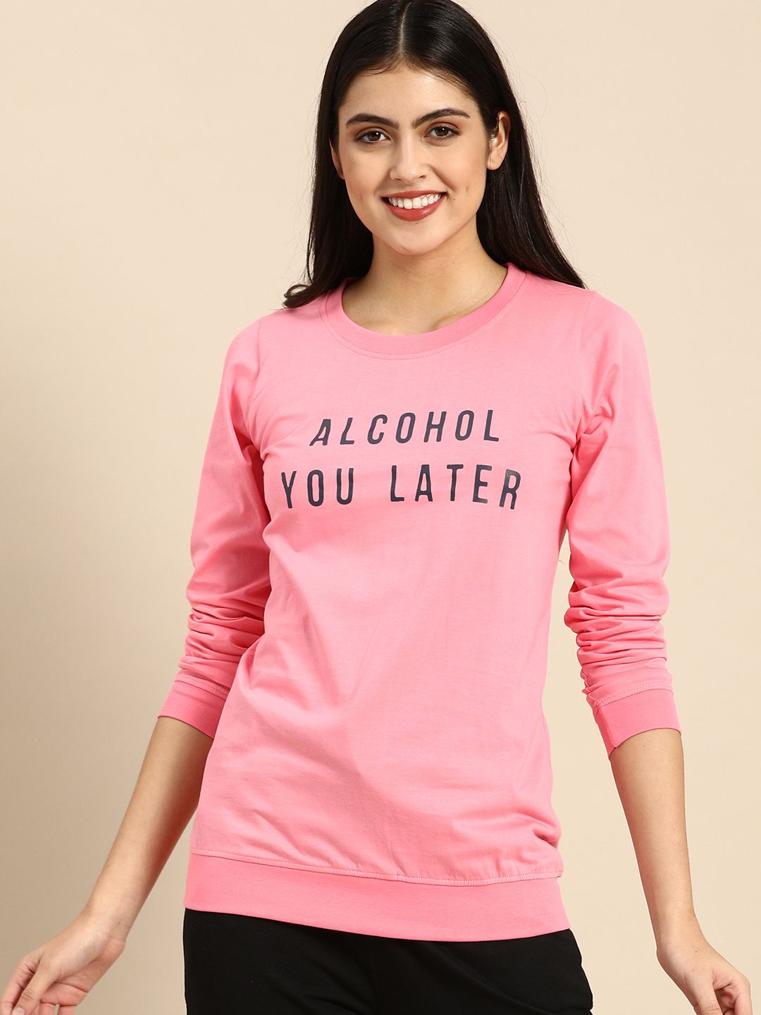 Clt.s Women Pink Pure Cotton Typography Printed Lounge T-shirt Price in India
