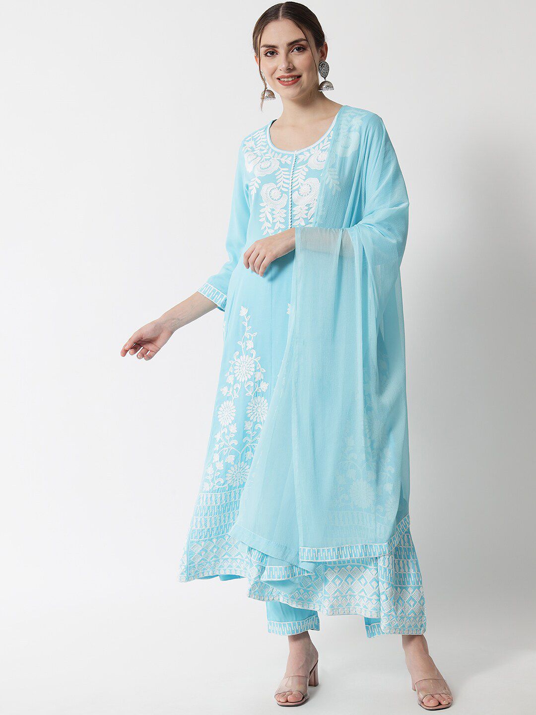 AMIRAS INDIAN ETHNIC WEAR Women Blue High Slit Kurti with Trousers & With Dupatta Price in India