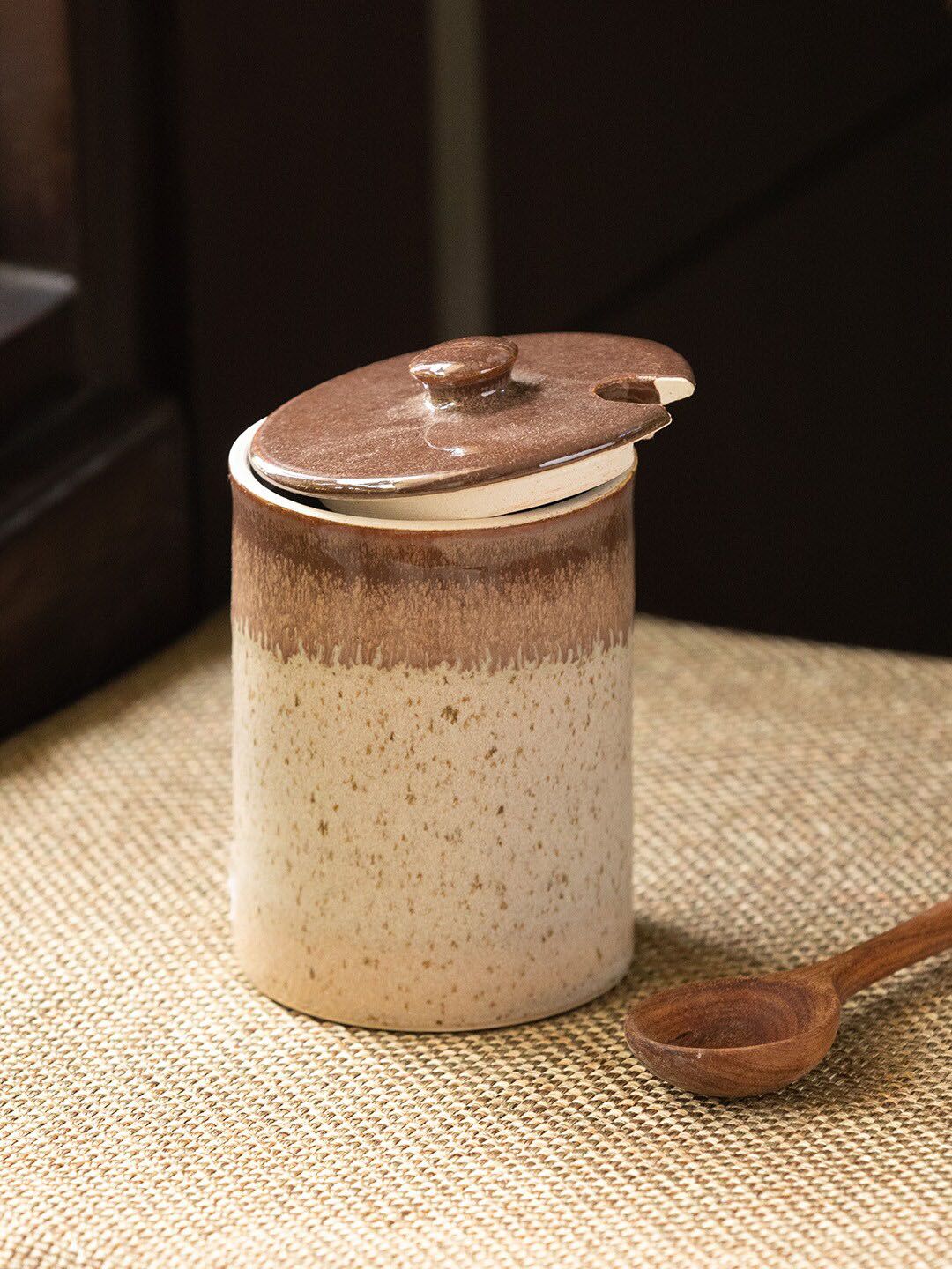ExclusiveLane Brown Pickle & Jam Jar With Wooden Spoon Price in India
