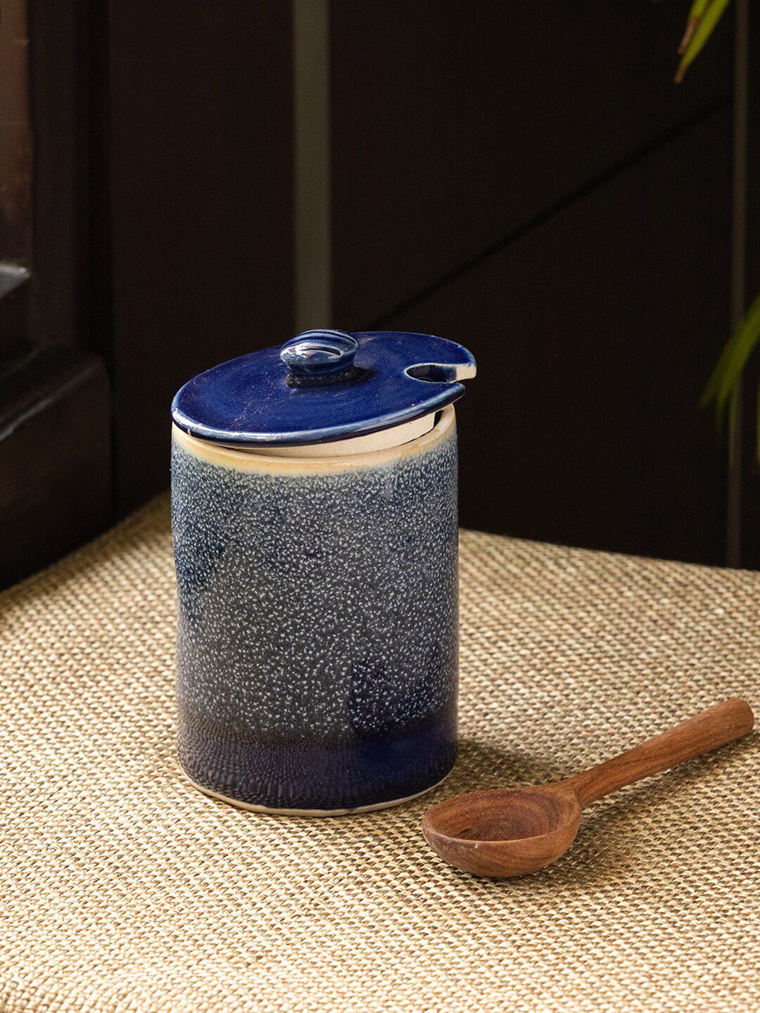 ExclusiveLane Navy Blue Ceramic Jar With Wooden Spoon Kitchen Storage Price in India