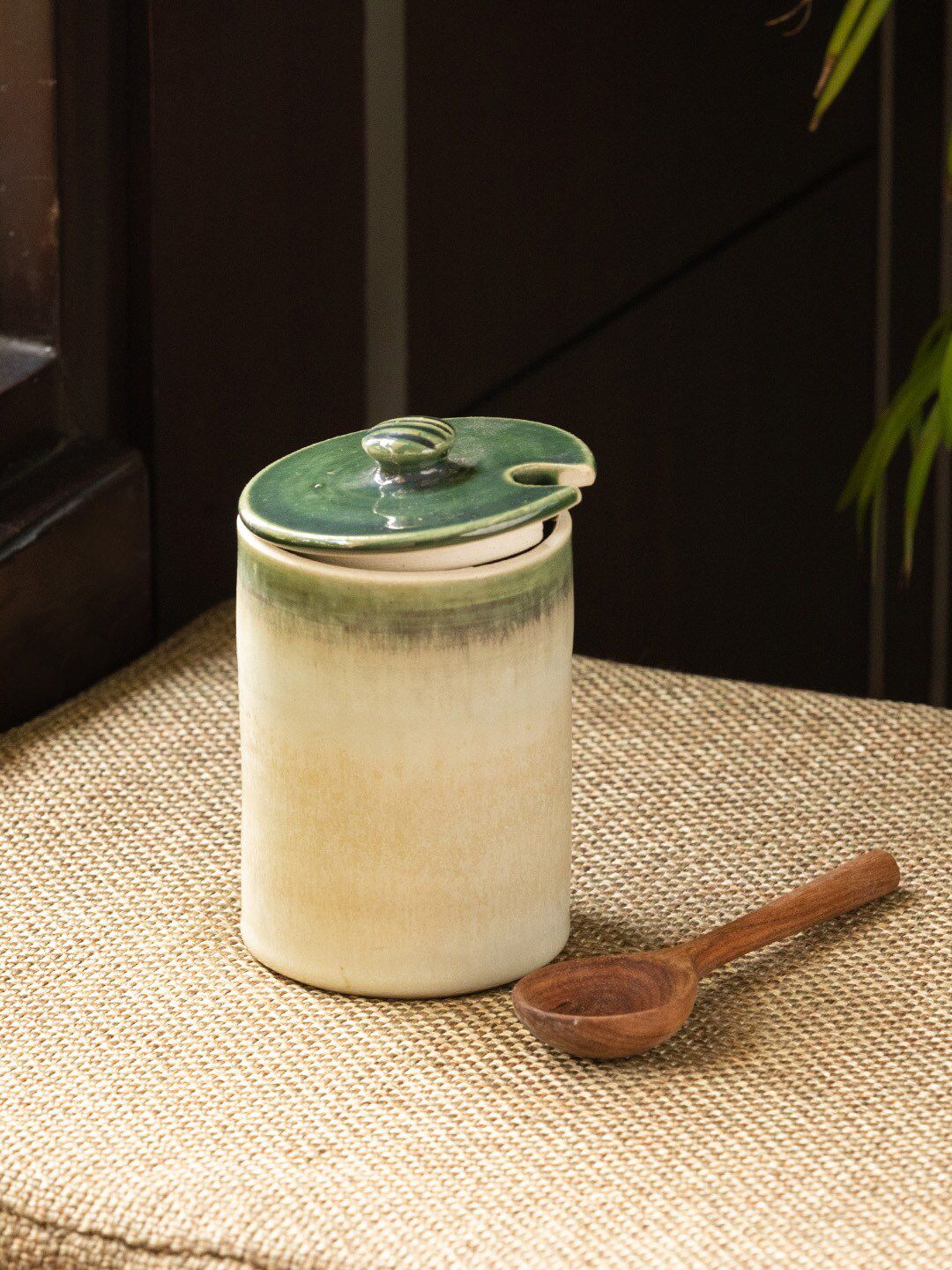 ExclusiveLane Cream-Toned & Brown Solid Pickle Perks' Studio Pottery Ceramic Pickle & Jam Jar With Wooden Spoon Price in India