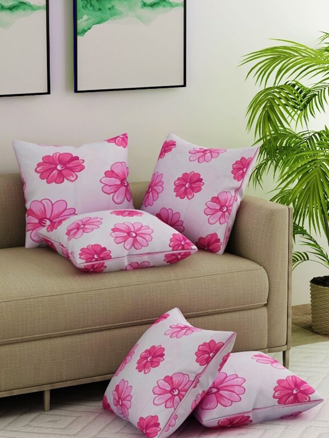 Salona Bichona Pink & White Set of 5 Floral Square Cushion Covers Price in India