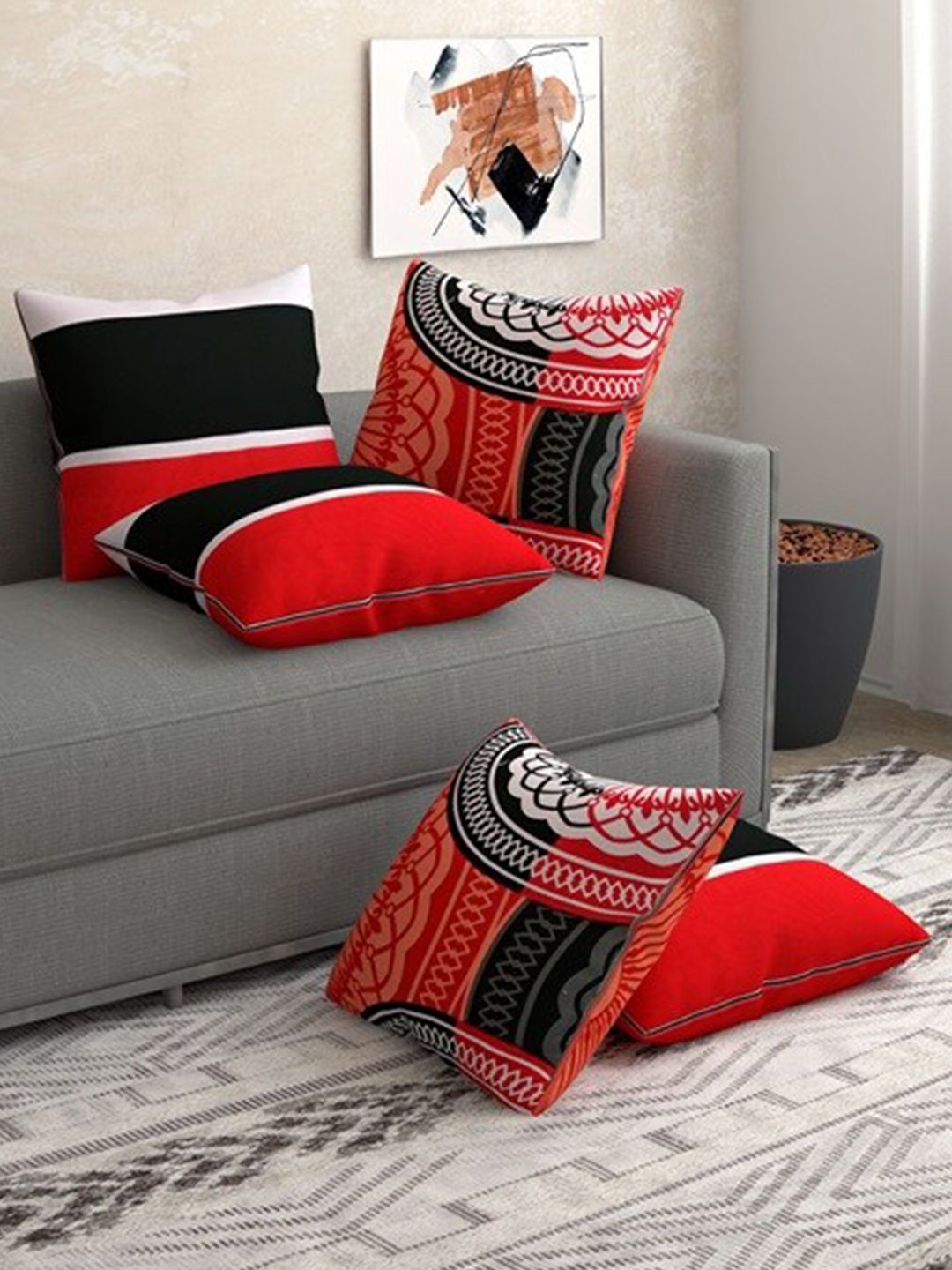 Salona Bichona Red & Black Set of 5 Floral Square Cushion Covers Price in India