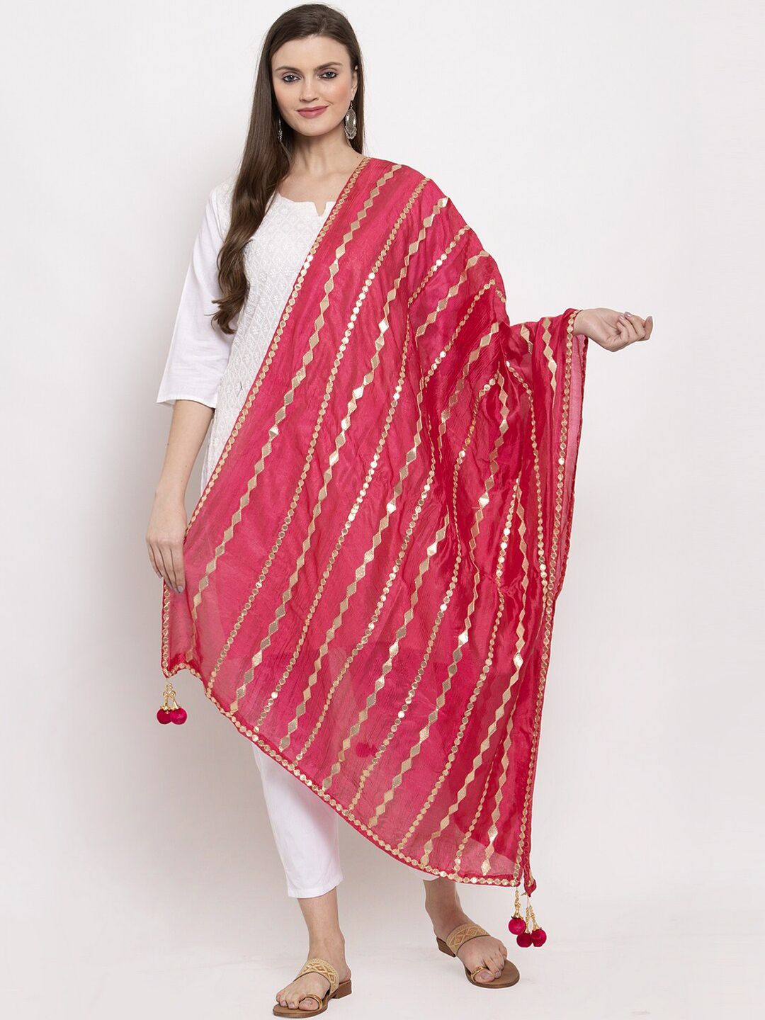 Clora Creation Magenta & Gold-Toned Striped Dupatta with Gotta Patti Price in India