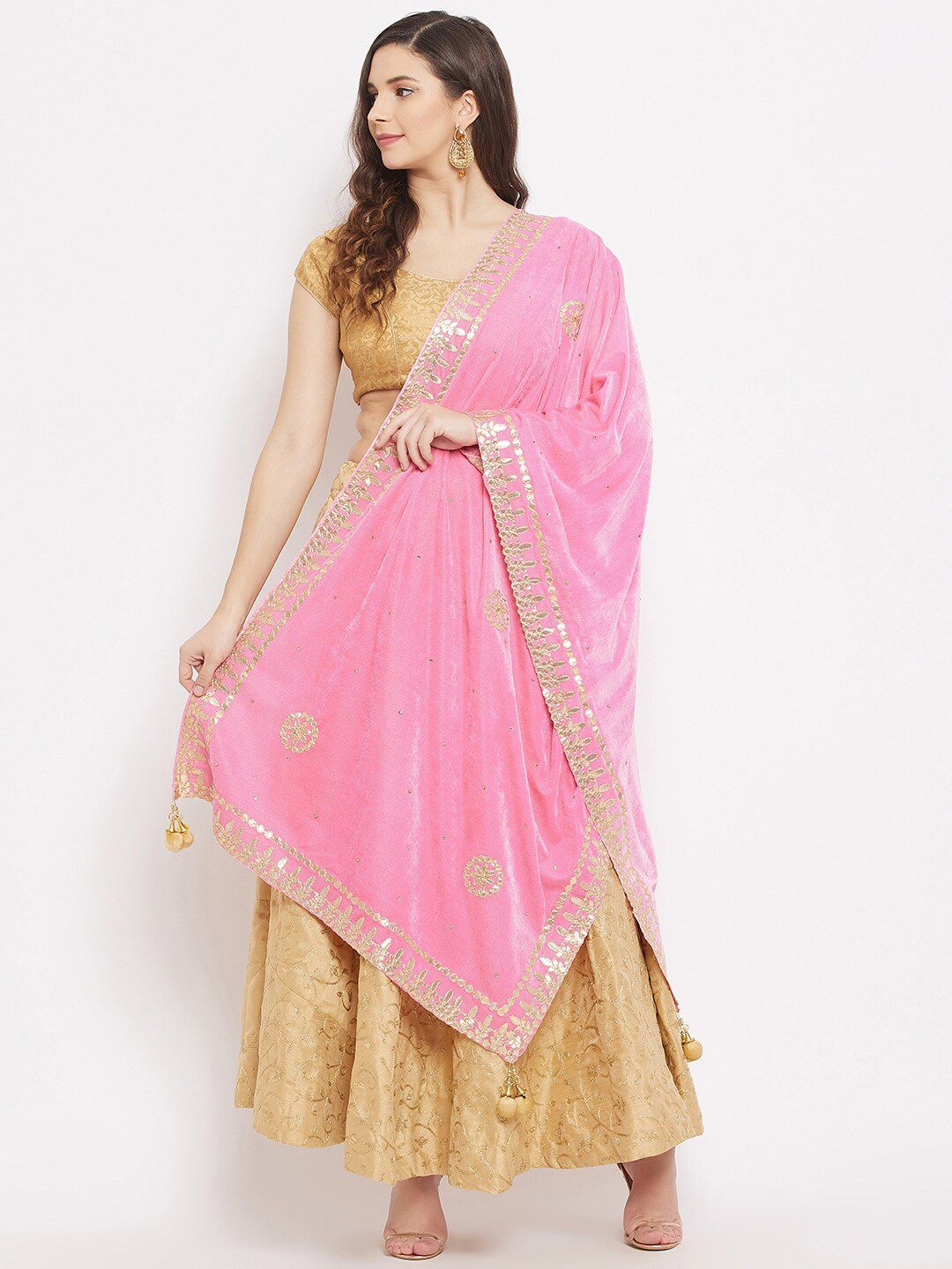 Clora Creation Pink & Gold-Toned Ethnic Motifs Embroidered Velvet Dupatta with Gotta Patti Price in India