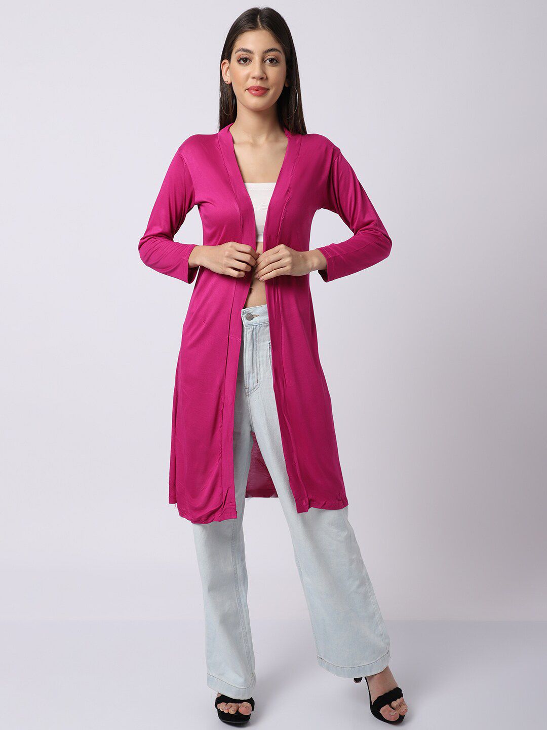 UnaOne Women Pink Longline Shrug Price in India