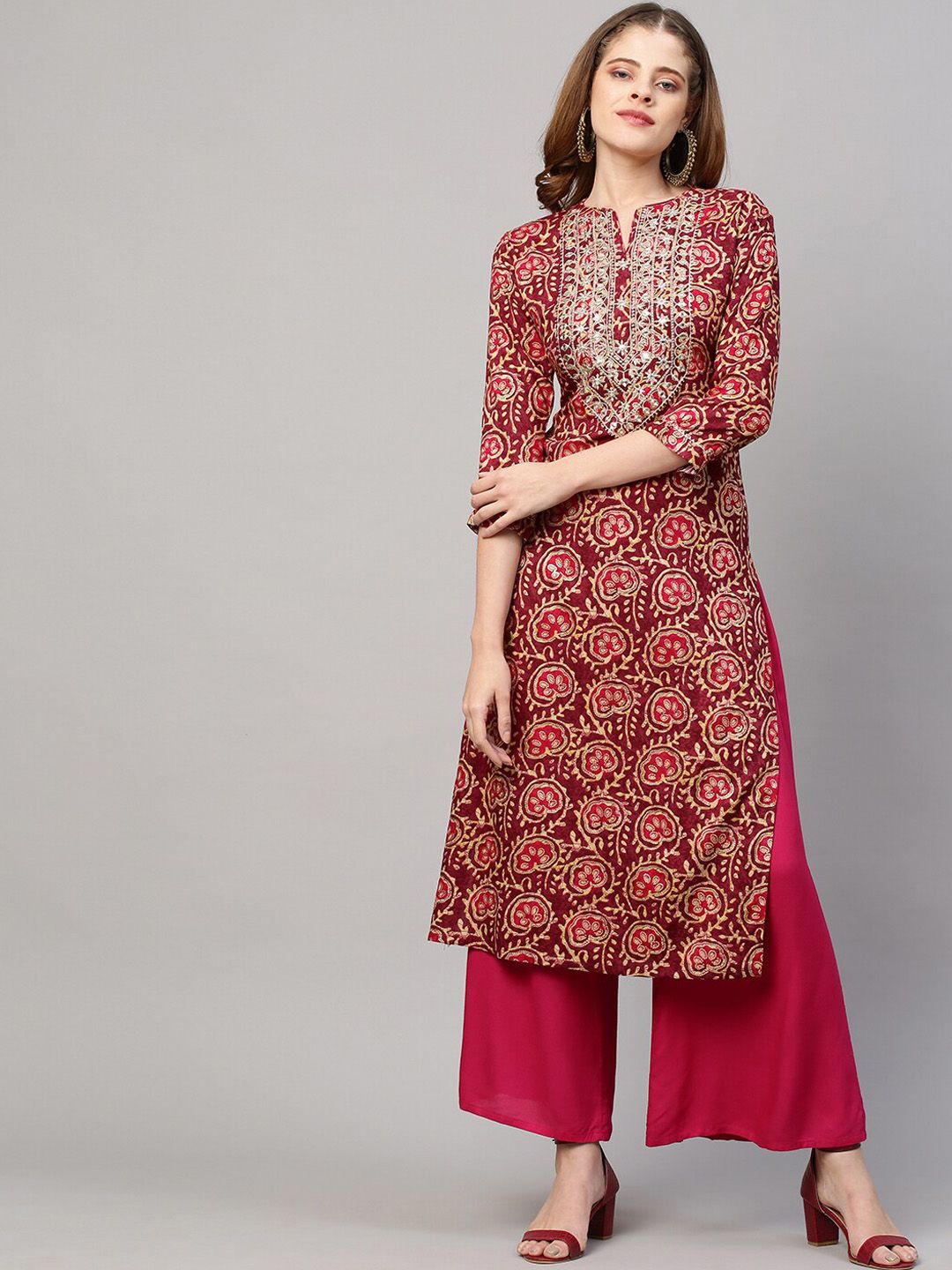 FASHOR Women Purple Ethnic Motifs Printed Mirror Work Kurta