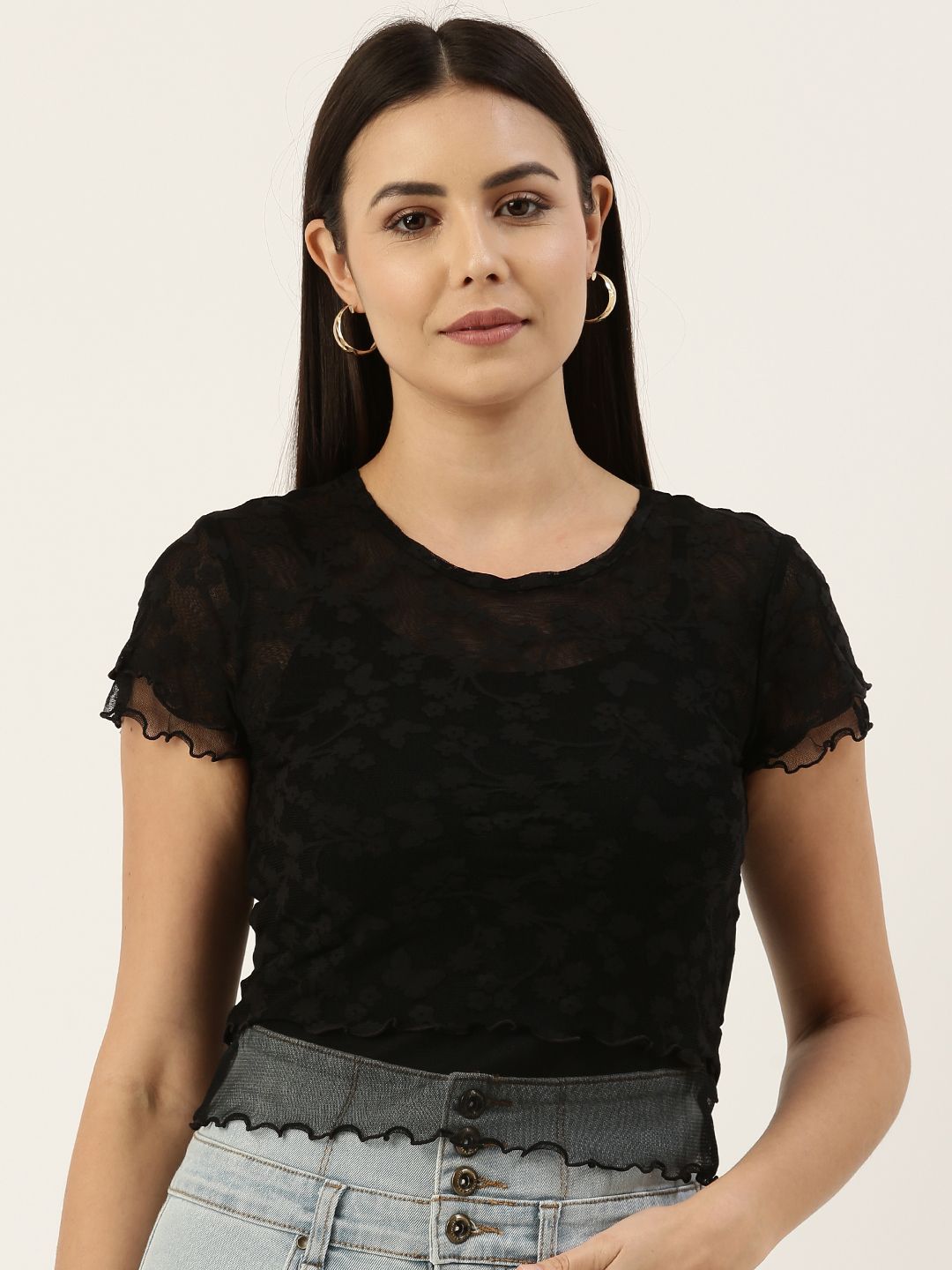 FOREVER 21 Women Black Solid Top with Lace Inserts