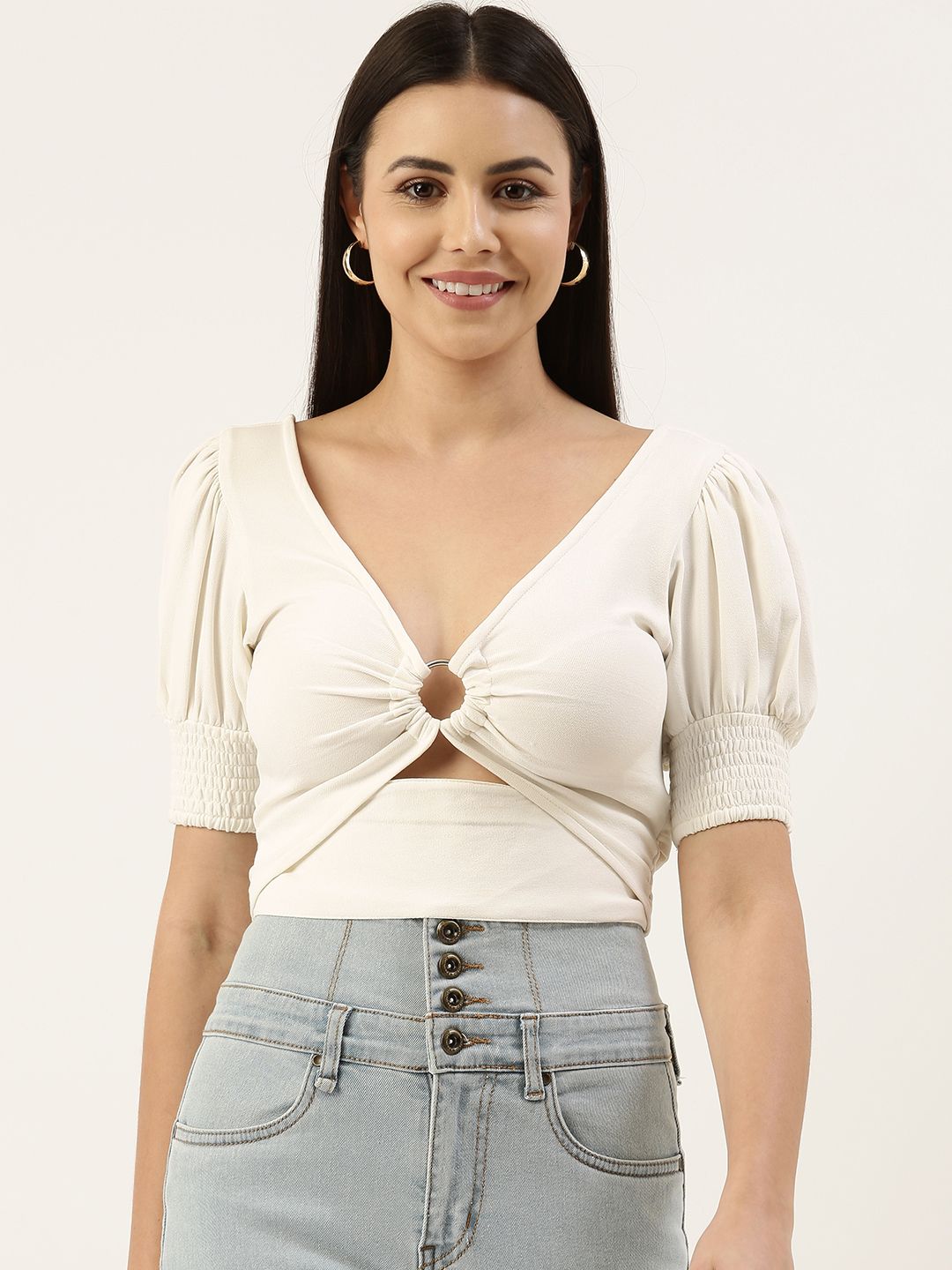 FOREVER 21 Women White Cinched Waist Top
