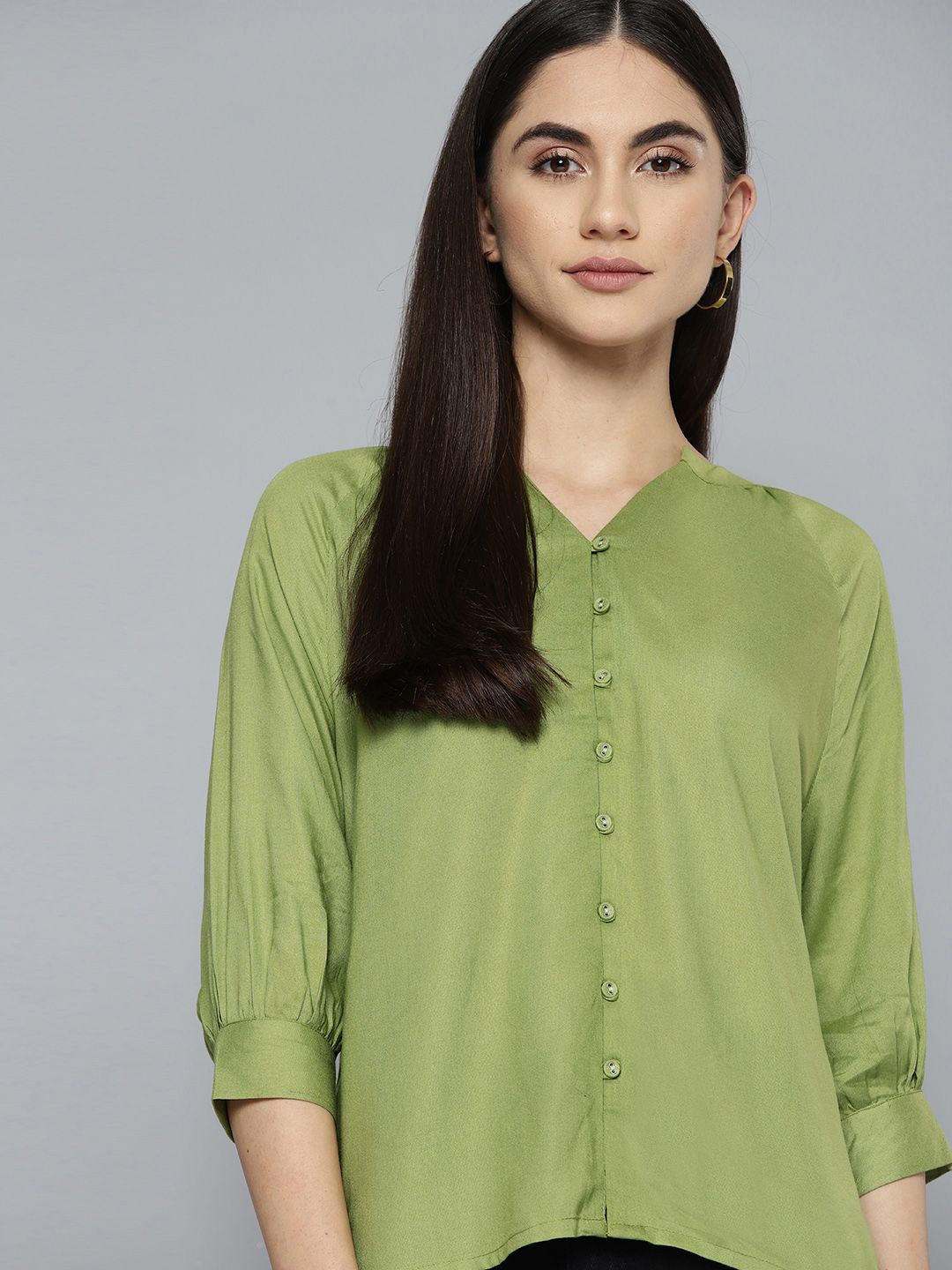 Chemistry Green Mandarin Collar Raglan Sleeves Shirt Style Top Price in India