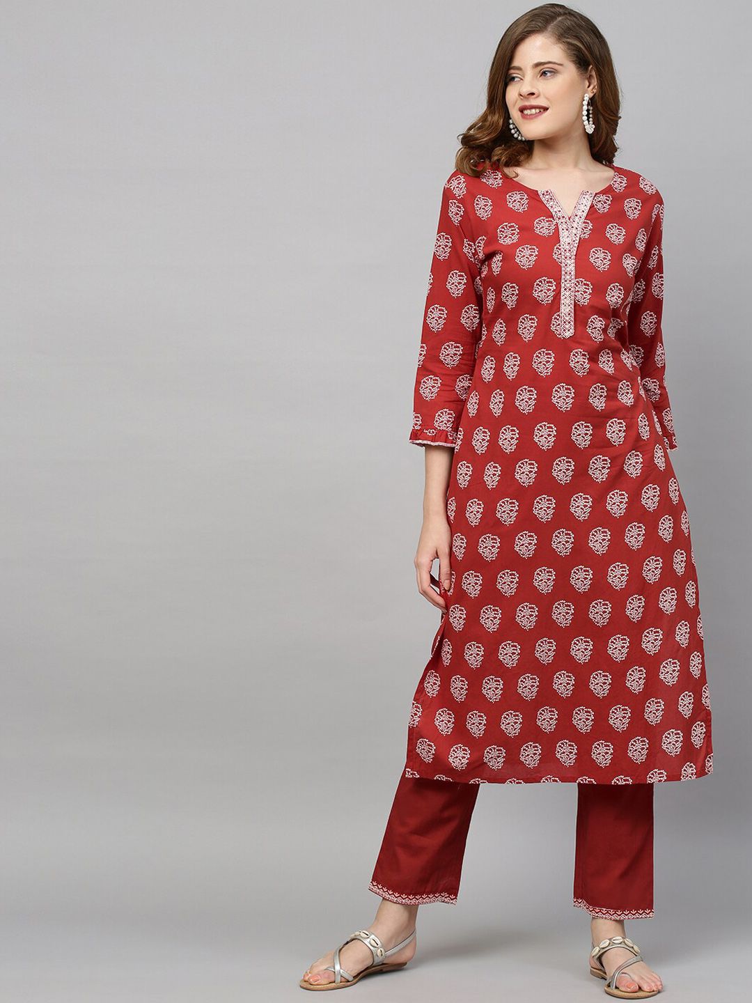 FASHOR Women Red Embroidered Angrakha Thread Work Pure Cotton Kurta with Trousers Price in India