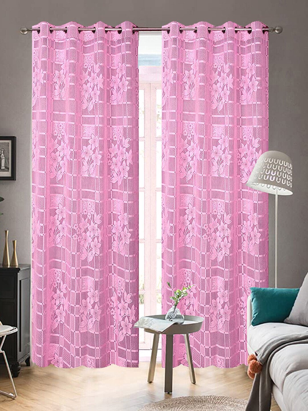 WEAVERS VILLA Pink Set of 2 Floral Sheer Door Curtain Price in India