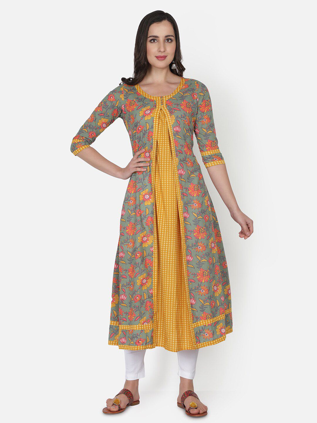 TRISHLA INDIA Women Yellow Floral Printed Pure Cotton Kurta Price in India