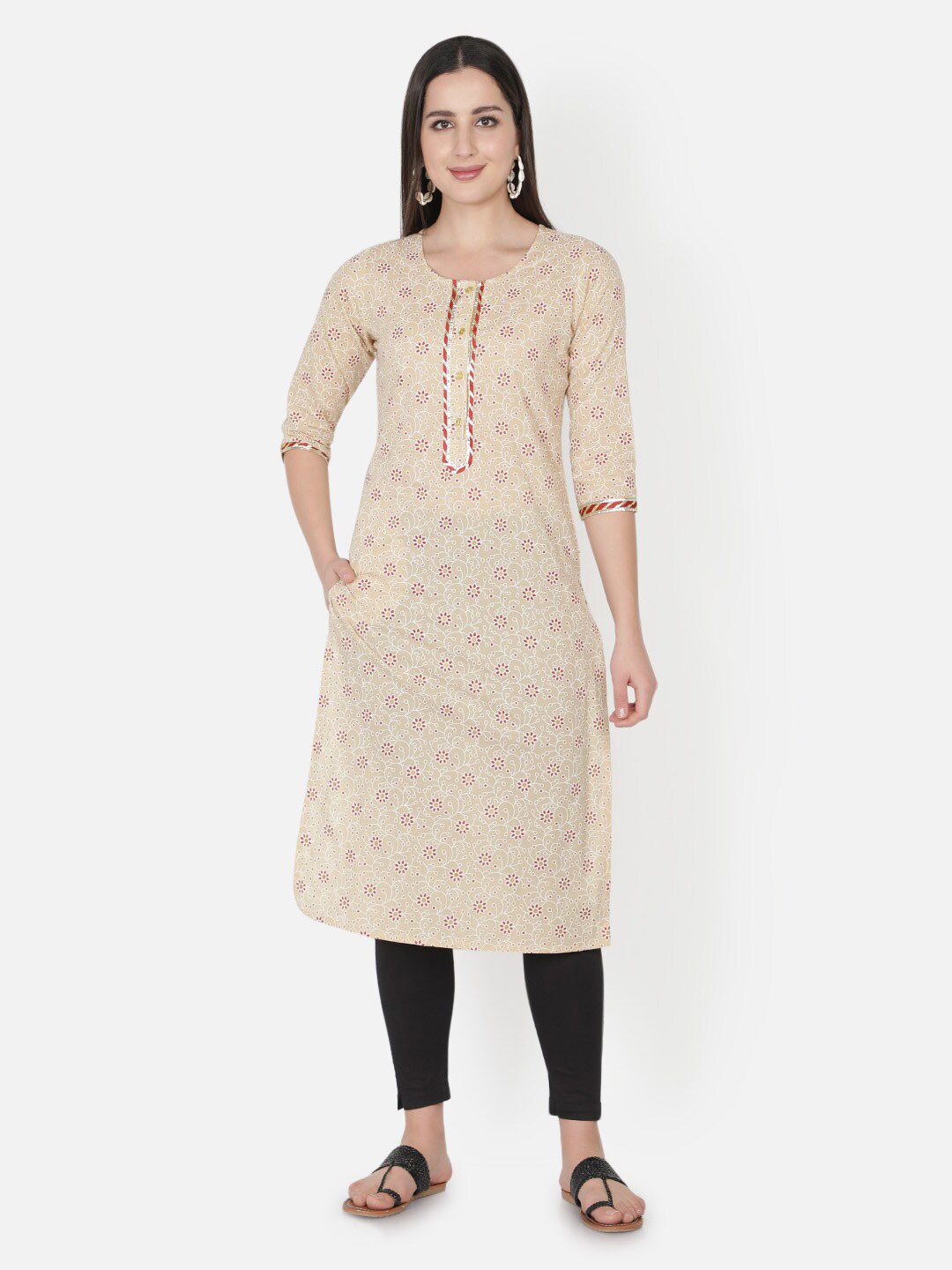 TRISHLA INDIA Women Beige Floral Printed Cotton Floral Kurta Price in India