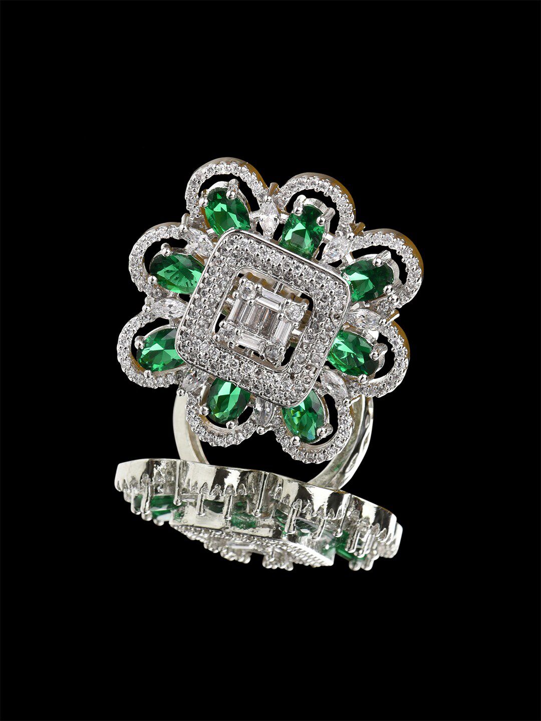 Fida Silver-Plated Green American Diamond Studded Finger Ring Price in India