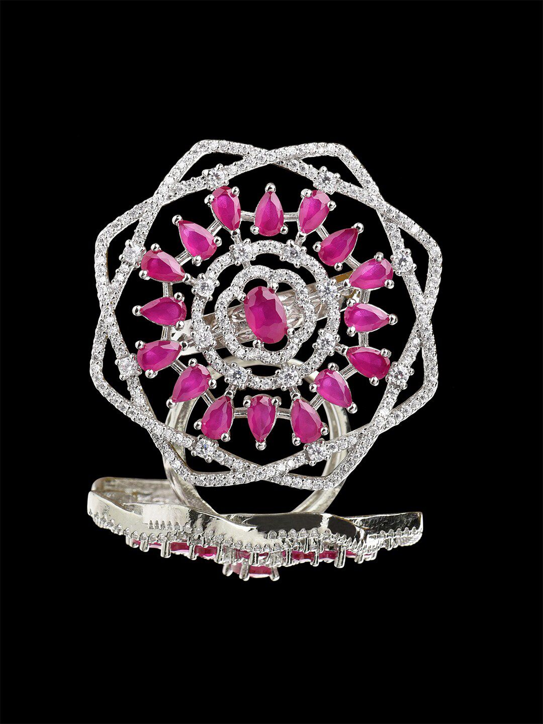 Fida Women Pink & Silver-Toned Rhodium-Plated AD Finger Ring Price in India