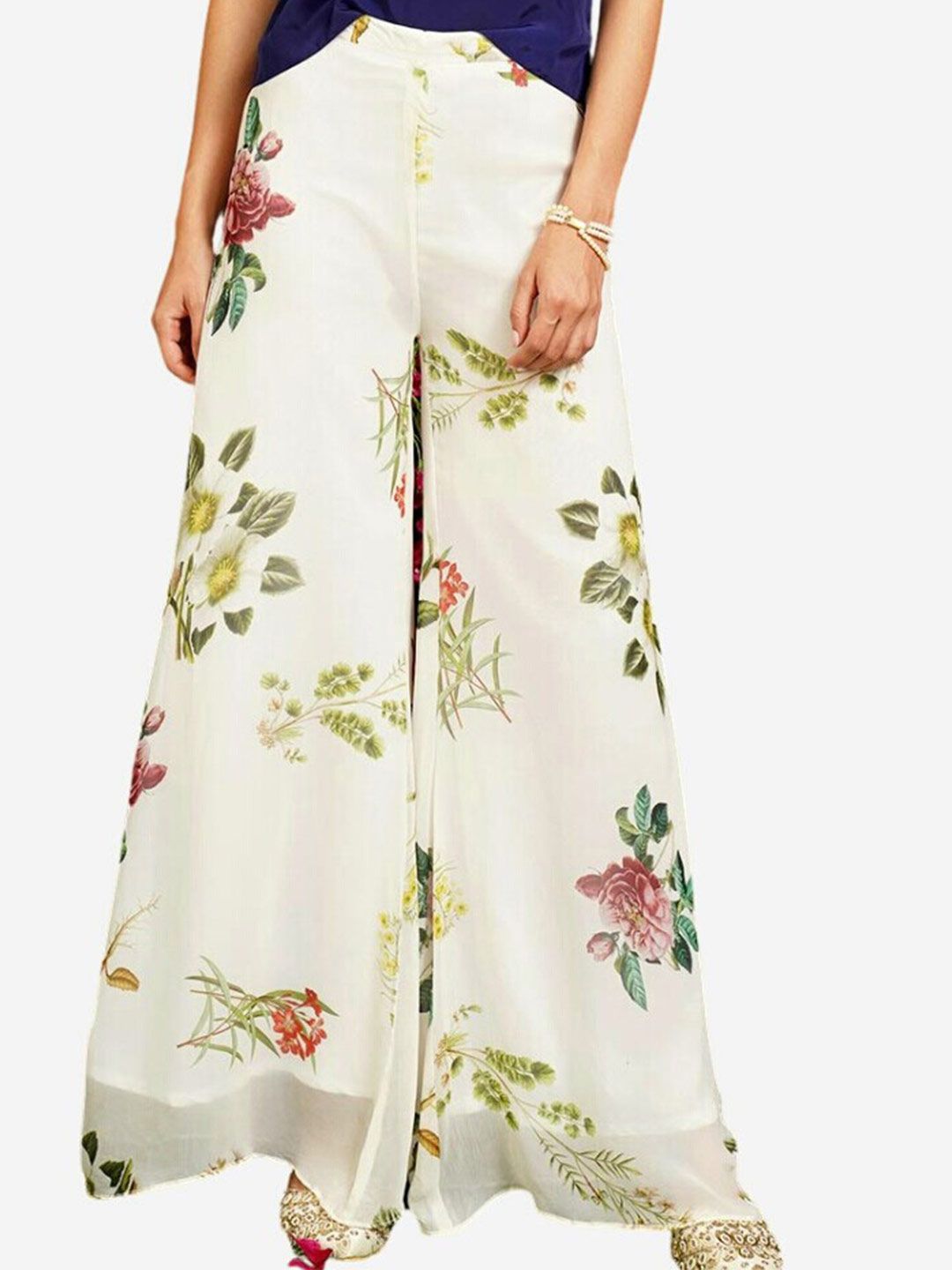 Alaya By Stage3 Women White & Green Floral Printed Georgette Ethnic Palazzos