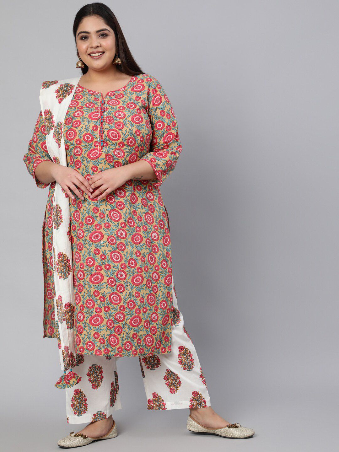 Jaipur Kurti Women Coral Floral Printed Kantha Work Pure Cotton Kurta with Trousers & With Dupatta Price in India