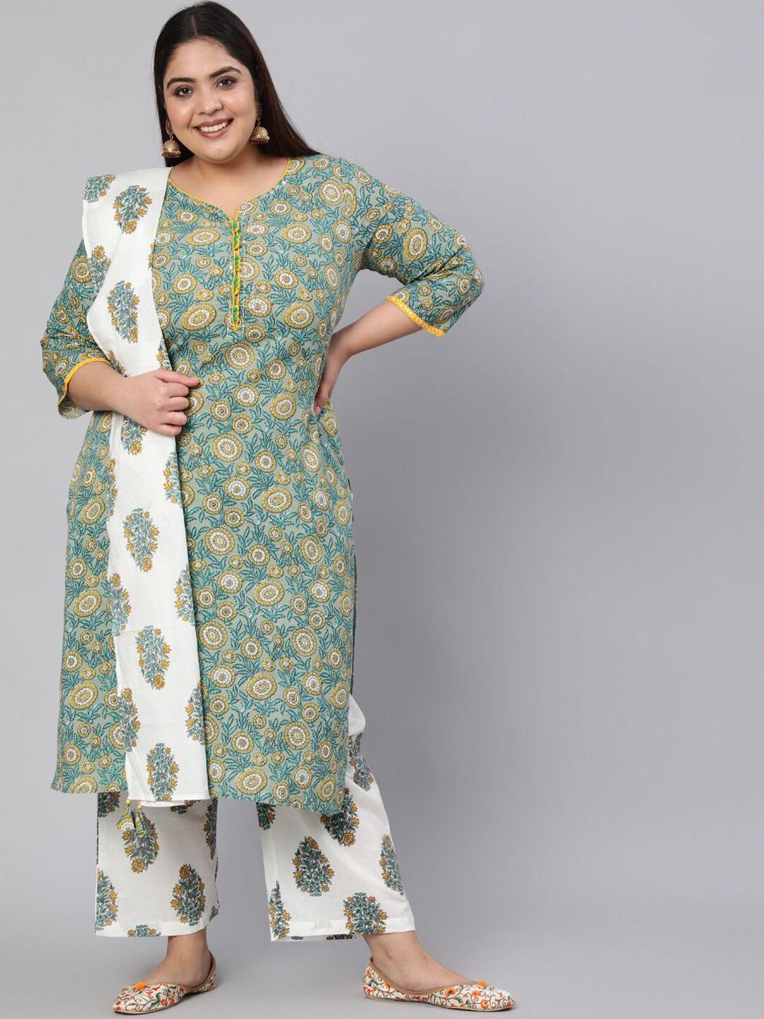 Jaipur Kurti Women Green Floral Printed Thread Work Pure Cotton Kurta with Palazzos & With Dupatta Price in India