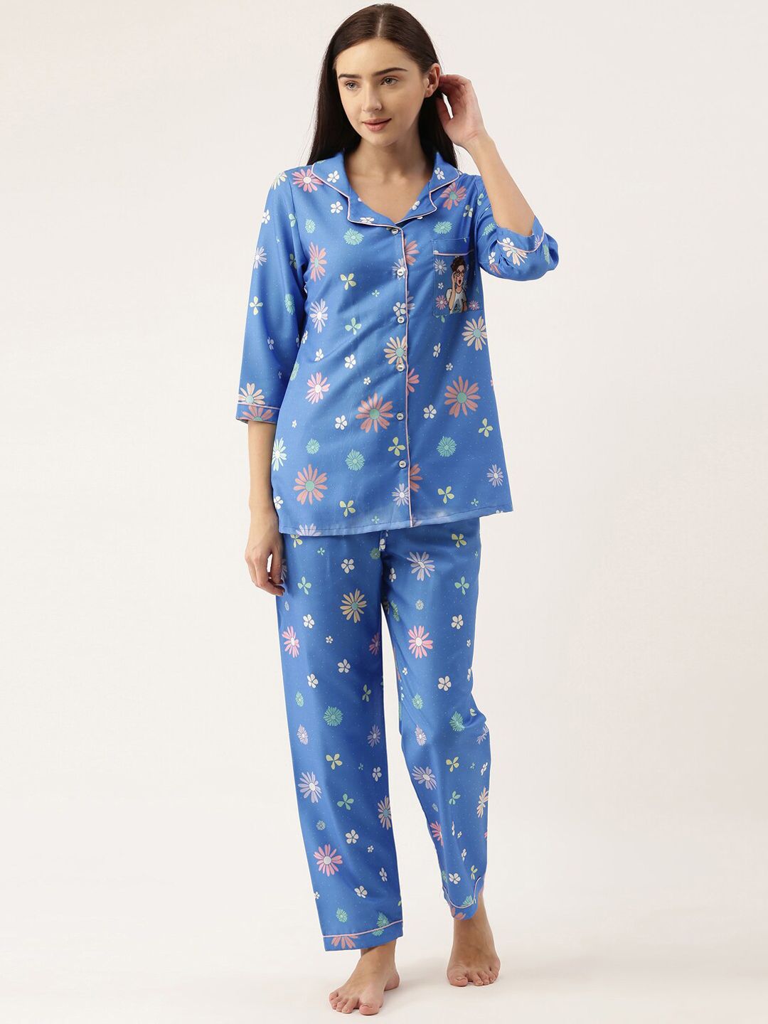 Bannos Swagger Women Blue & Pink Printed Night suit Price in India