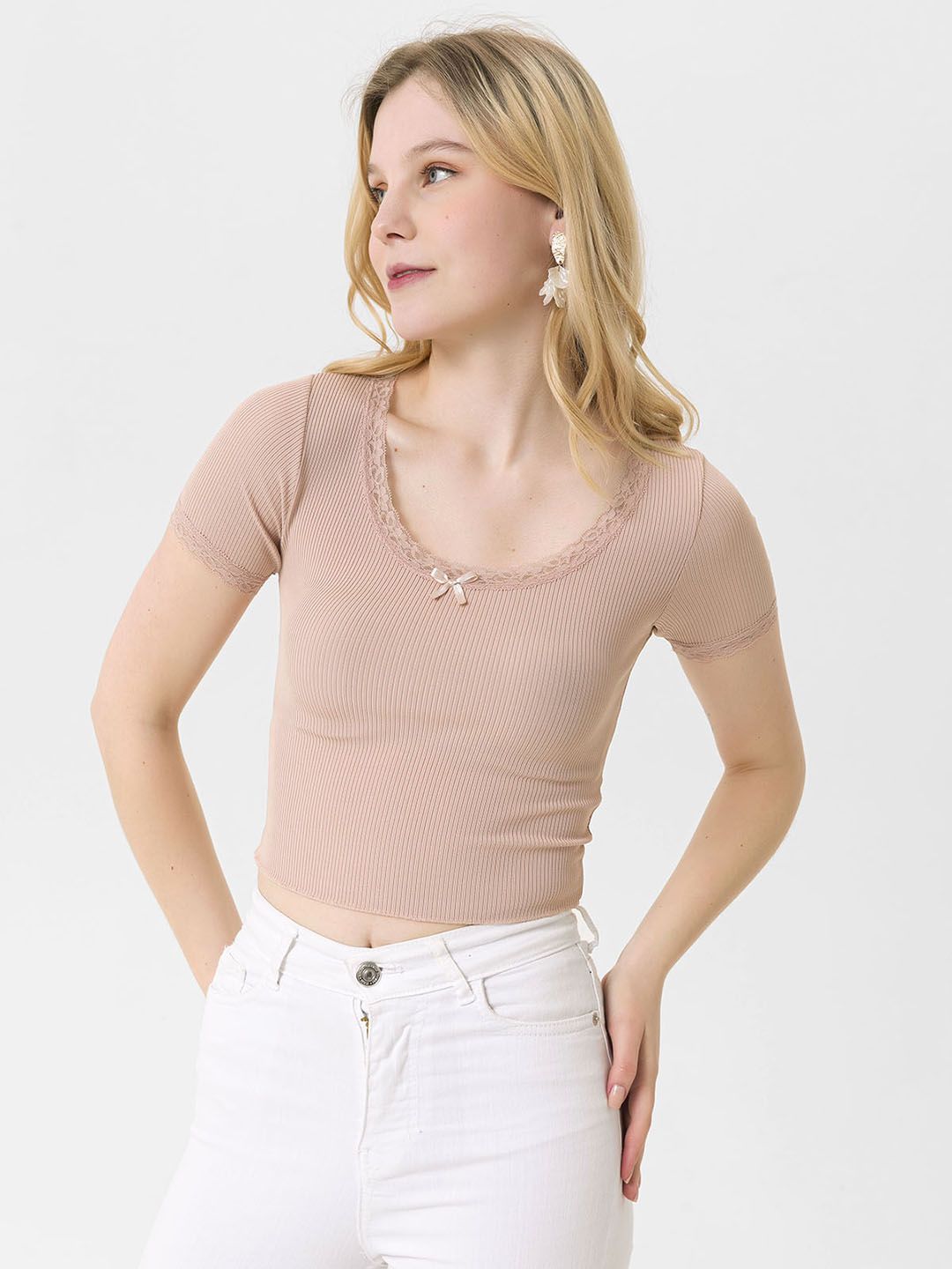 busem Dusty Pink Ribbed Crop Top Price in India