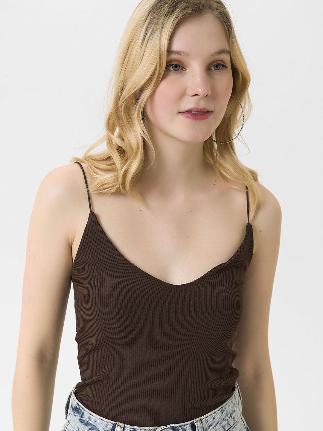 busem Coffee Brown Ribbed Fitted Cami Top Price in India