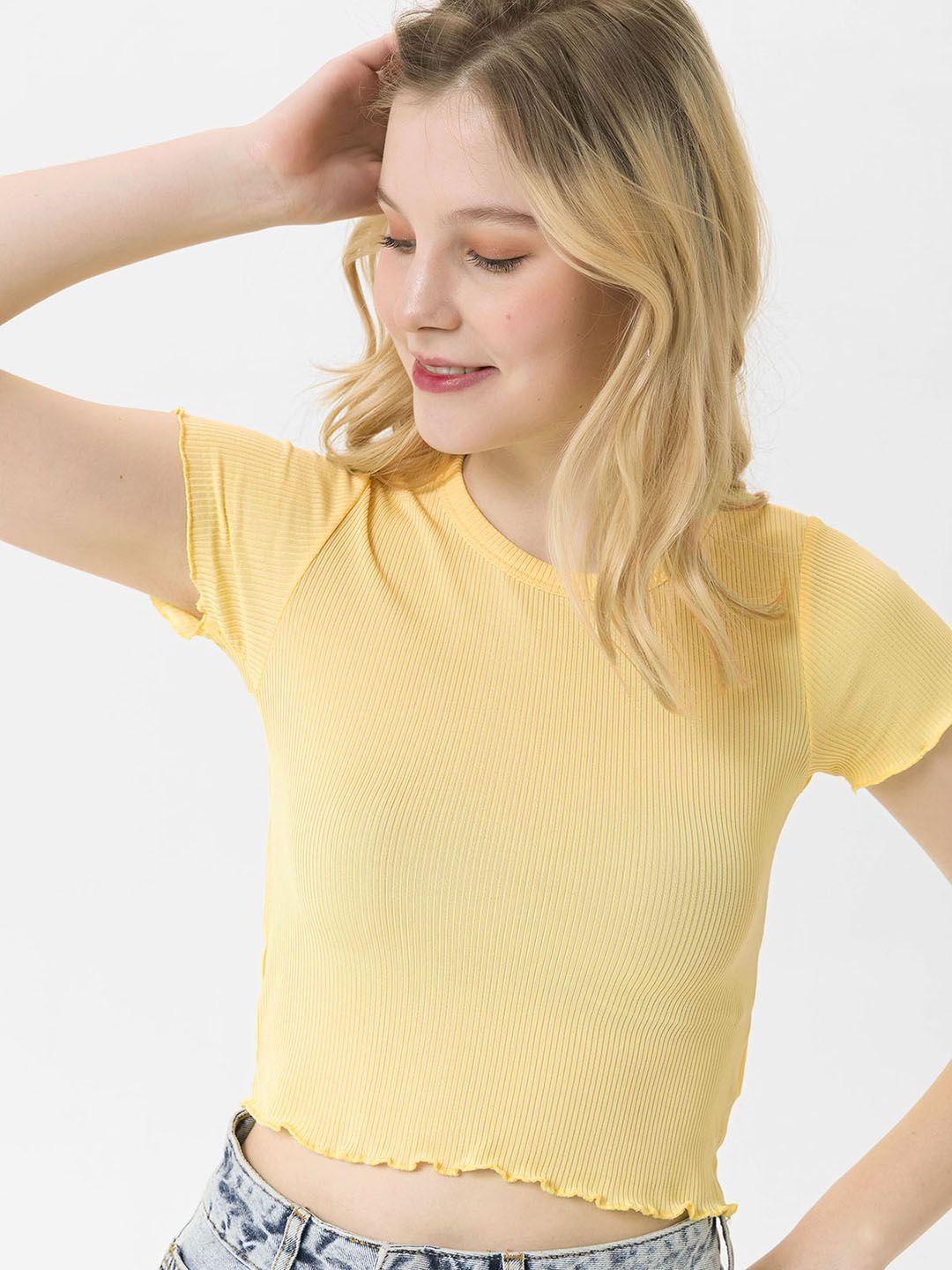 busem Yellow Ribbed Cropped Fitted  Top Price in India