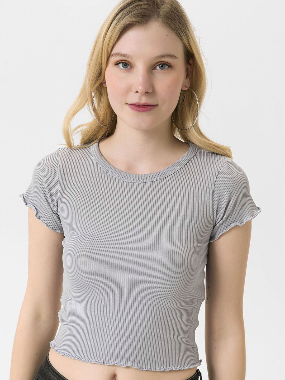 busem Grey Ribbed Crop Top with Lettuce Edges Price in India
