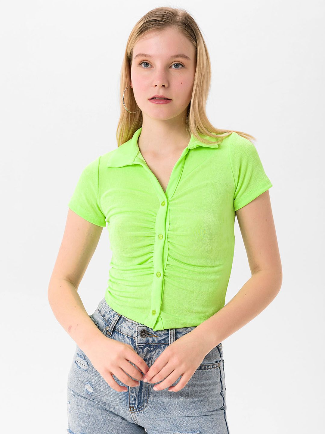 busem Fluorescent Green Ruched Cropped Fitted  Top Price in India