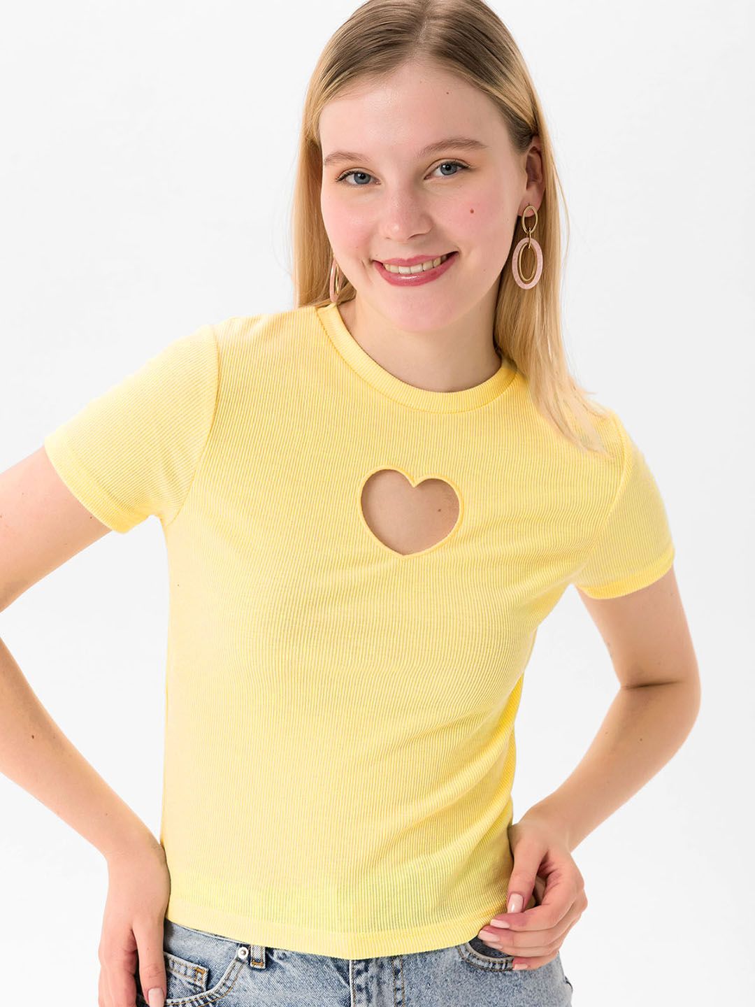 busem Yellow Ribbed Top with Cut out Detail Price in India