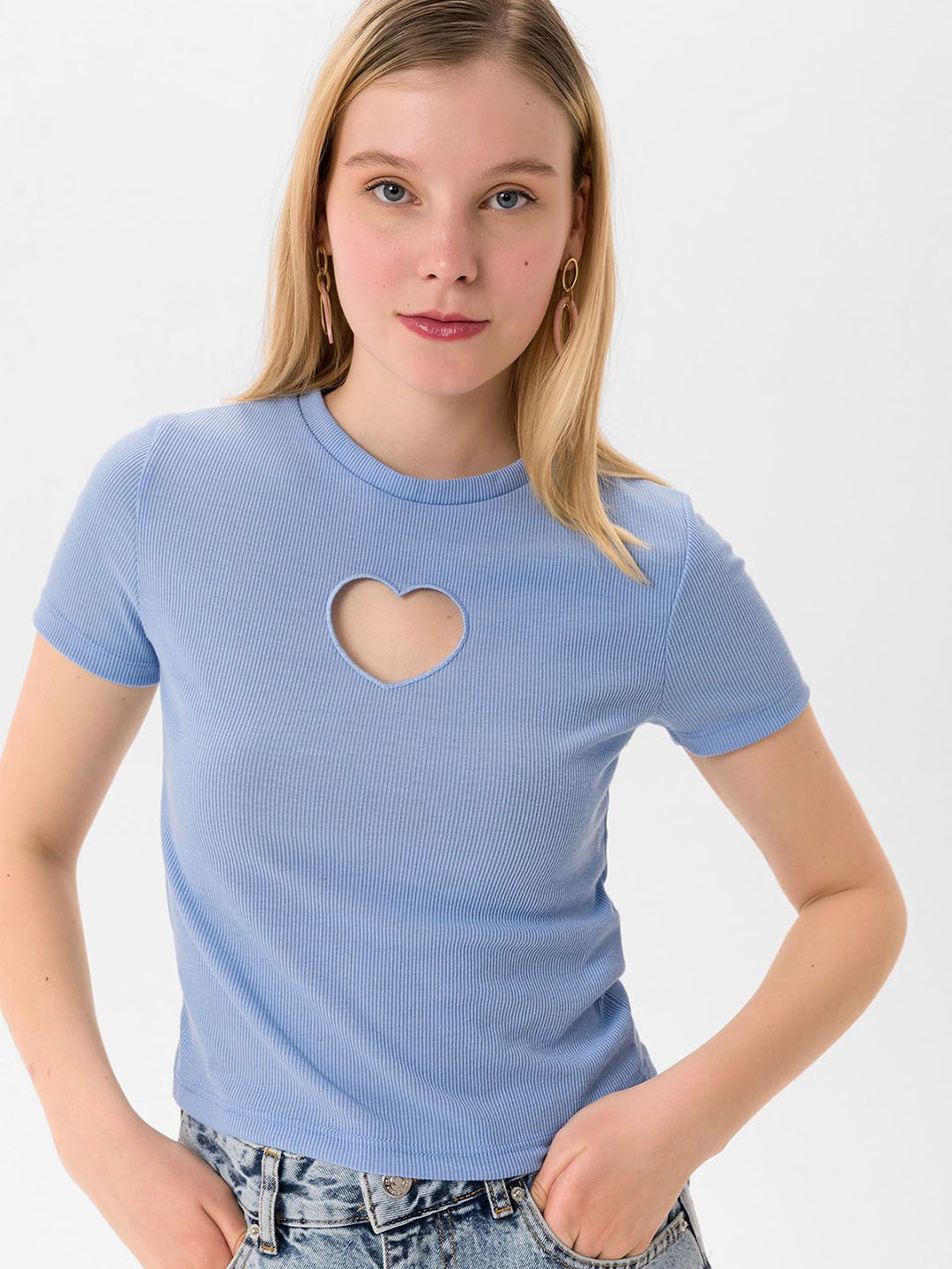 busem Blue Solid Cut-Out Detail Knitted Top Price in India