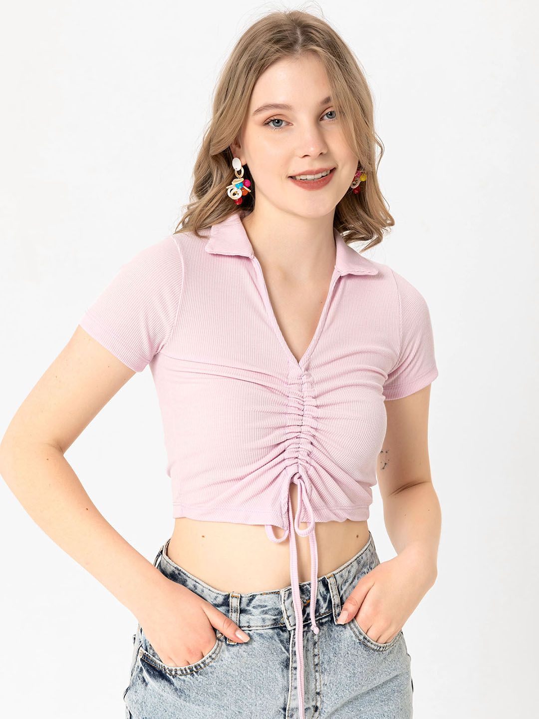 busem Pink Tie-Up Knitted Crop Top Price in India