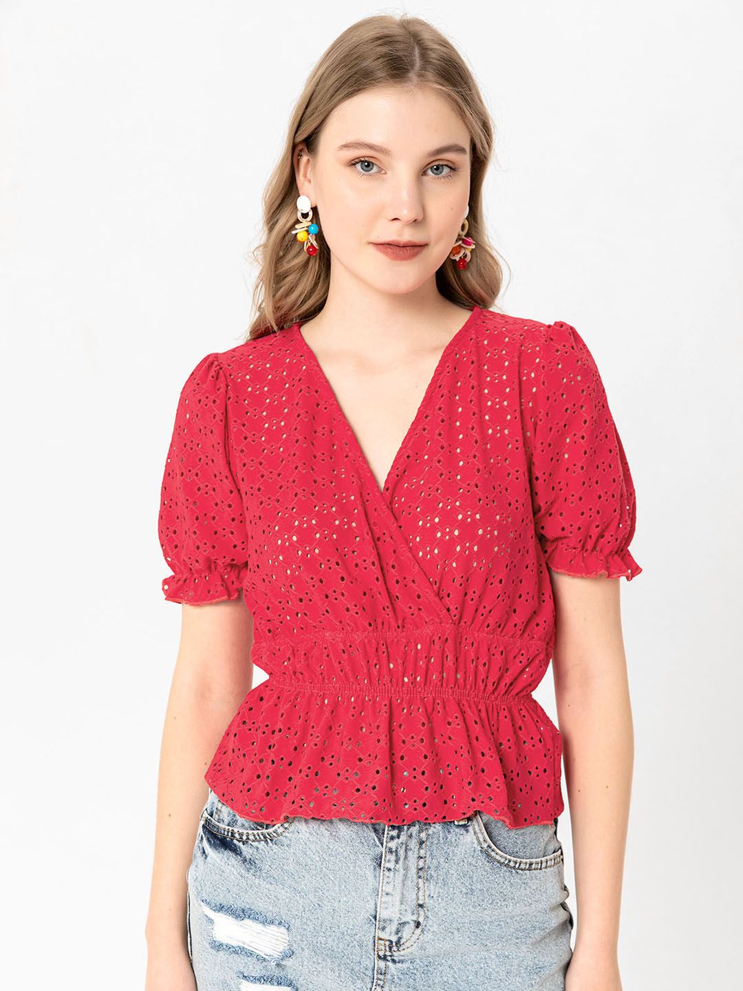 busem Pink V-Neck Empire Schiffli Top Price in India