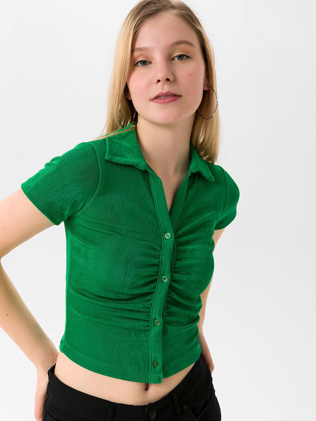 busem Green Shirt Style Ruched Crop Top Price in India