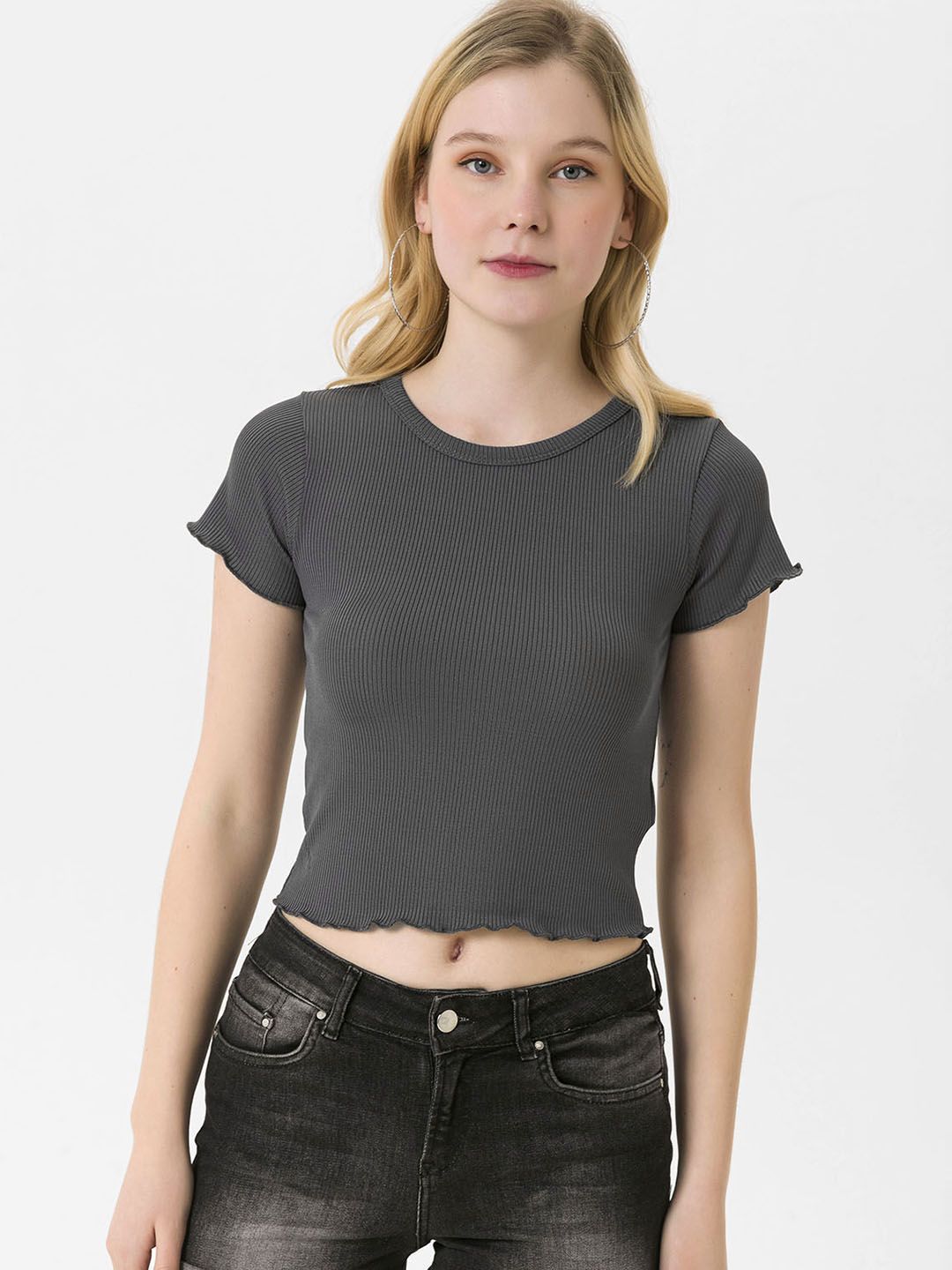 busem Charcoal Grey Solid Knitted Ribbed Crop Top Price in India