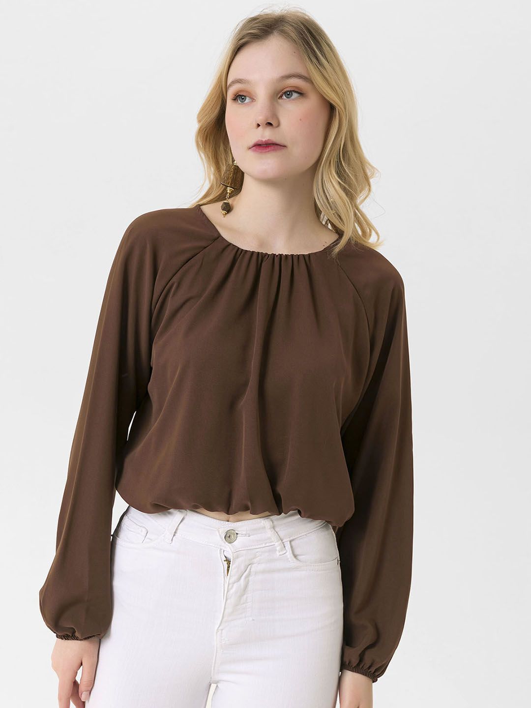 busem Women Brown Solid Top with Puff Sleeves Price in India