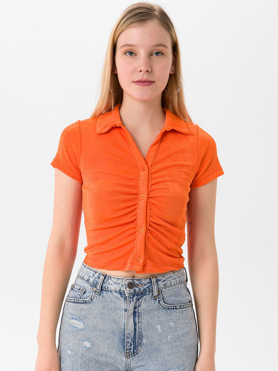 busem Orange Ruched Shirt Style Crop Top Price in India