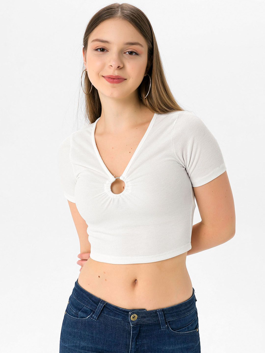 busem White Pure Cotton Solid Ribbed Fitted Crop Top Price in India