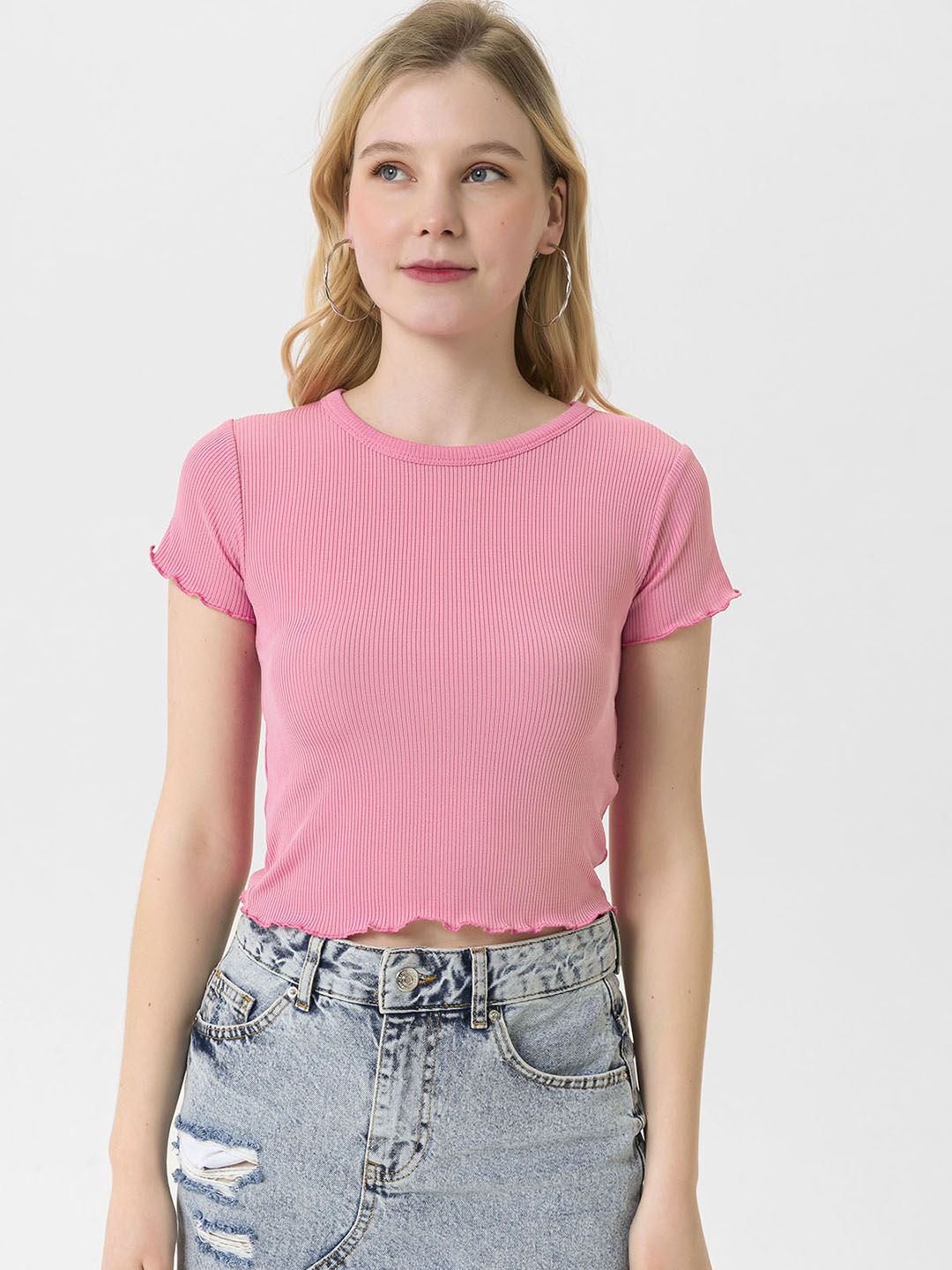 busem Pink Solid Ribbed Crop Top with Lettuce Edge Price in India