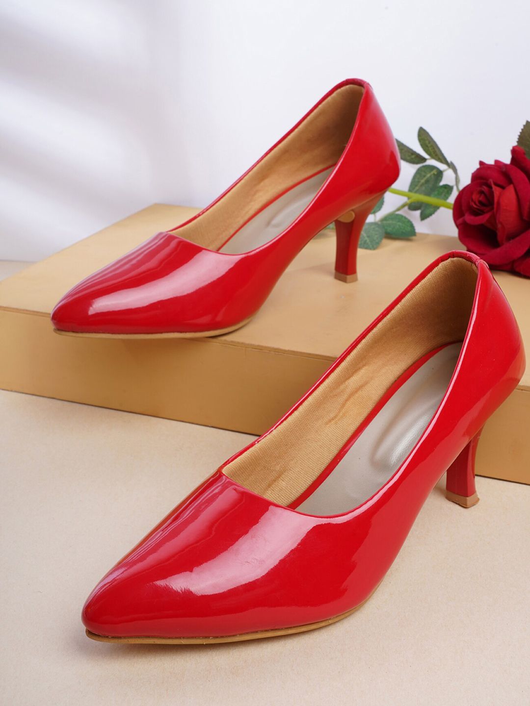 SAPATOS Red Embellished Kitten Pumps Price in India