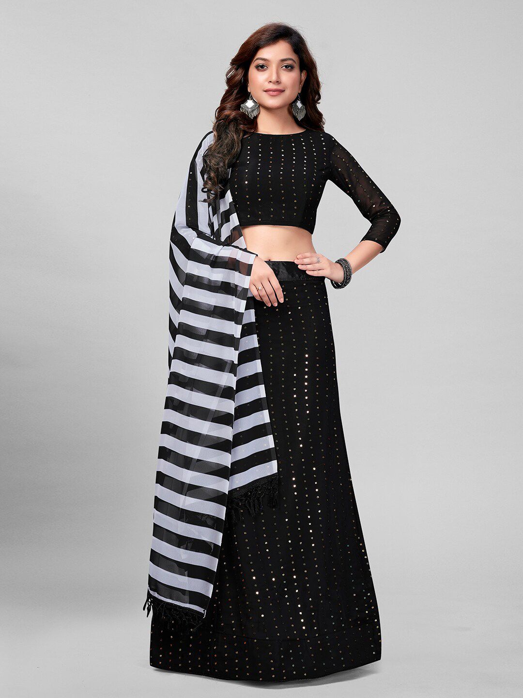 Mitera Black & White Embroidered Sequinned Semi-Stitched Lehenga & Unstitched Blouse With Dupatta Price in India