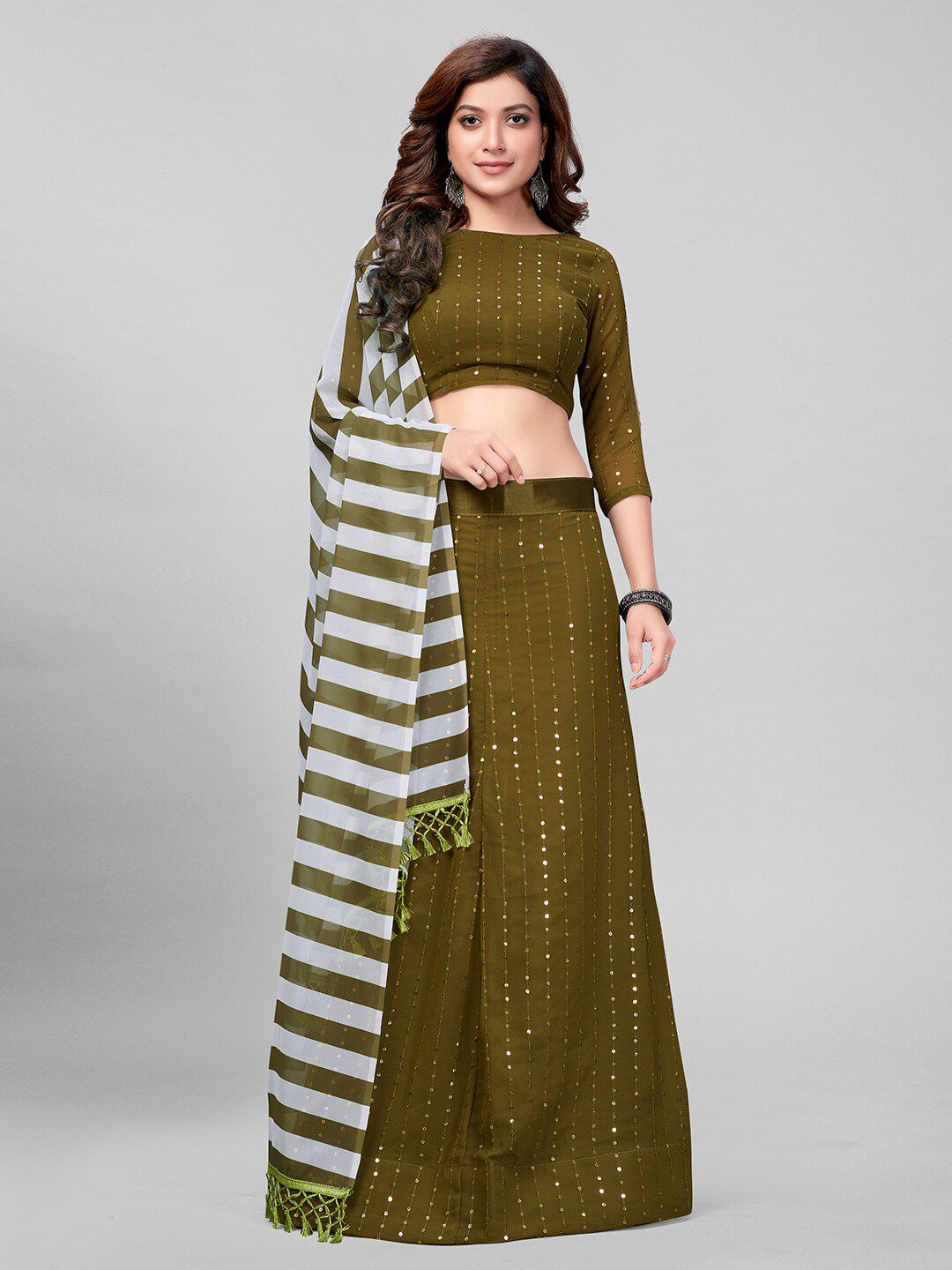 Mitera Olive Green & White Embroidered Sequinned Semi-Stitched Lehenga & Unstitched Blouse With Dupatta Price in India