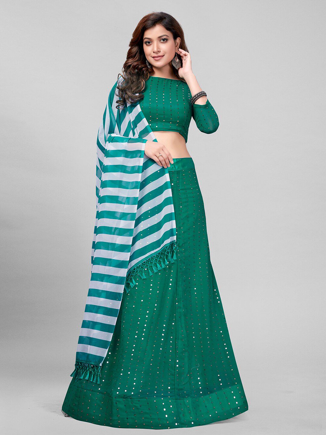 Mitera Green & White Embroidered Sequinned Semi-Stitched Lehenga & Unstitched Blouse With Dupatta Price in India