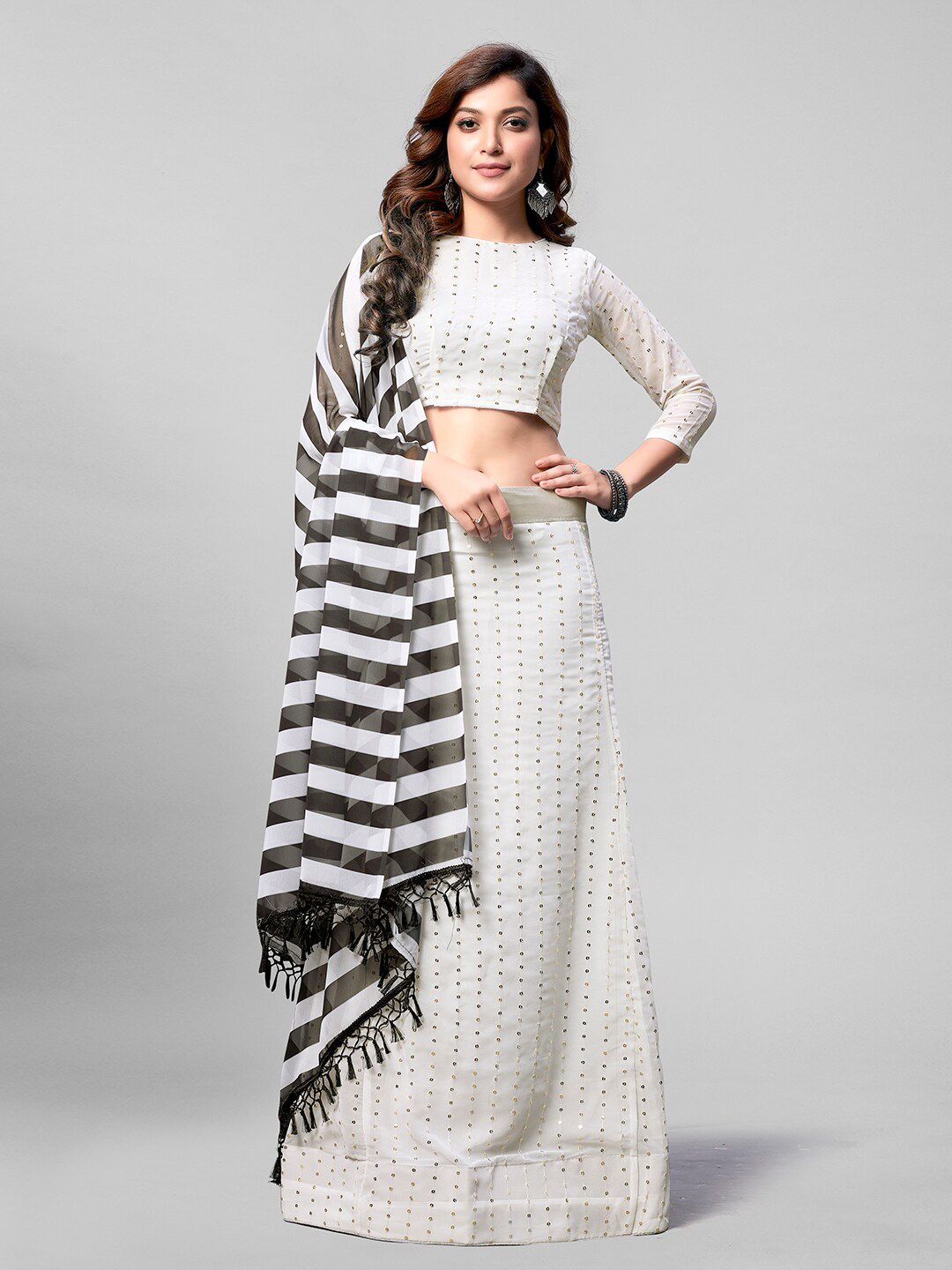 Mitera White & Black Embroidered Sequinned Semi-Stitched Lehenga & Unstitched Blouse With Dupatta Price in India