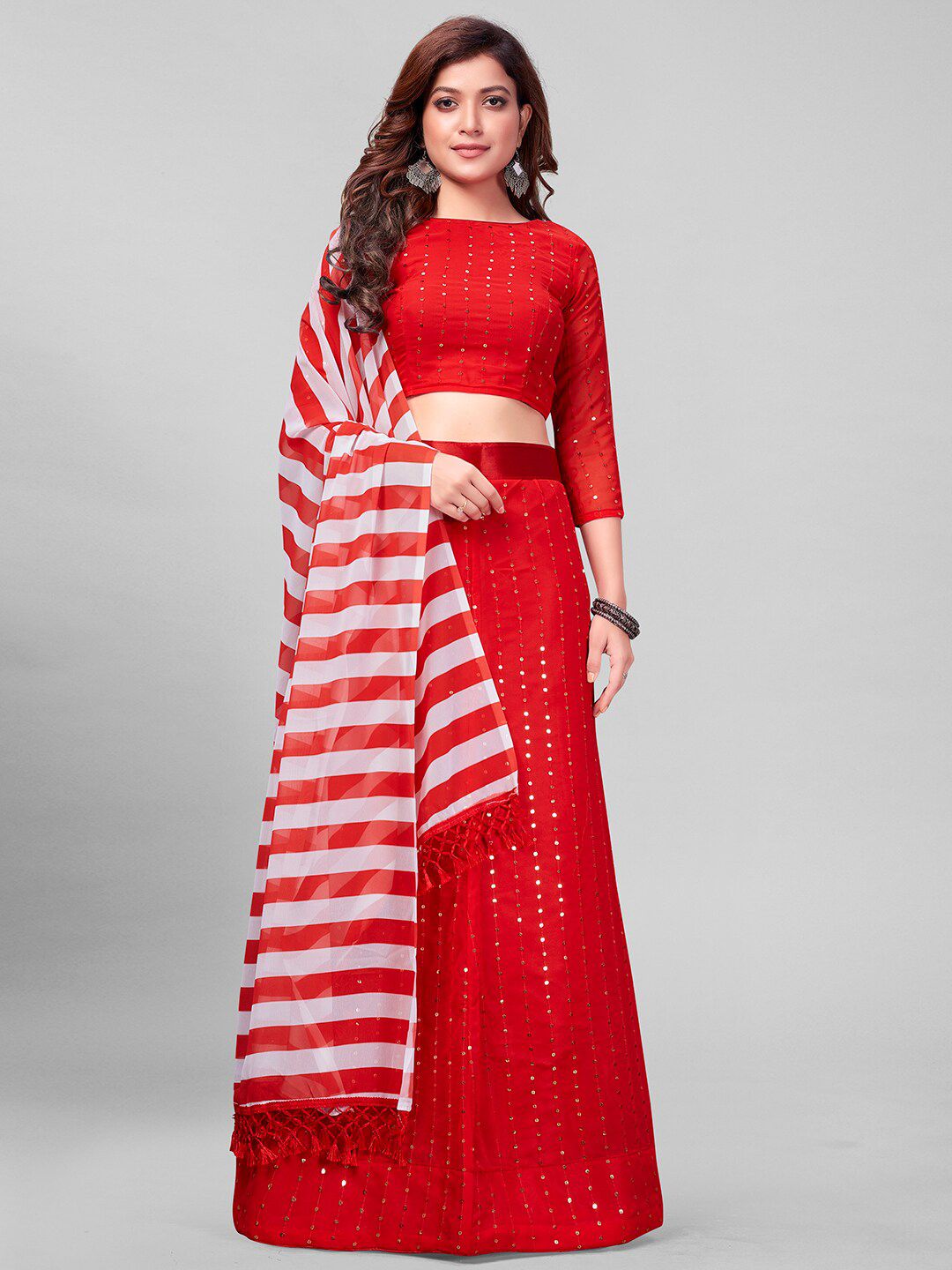 Mitera Red & White Embroidered Sequinned Semi-Stitched Lehenga & Unstitched Blouse With Dupatta Price in India