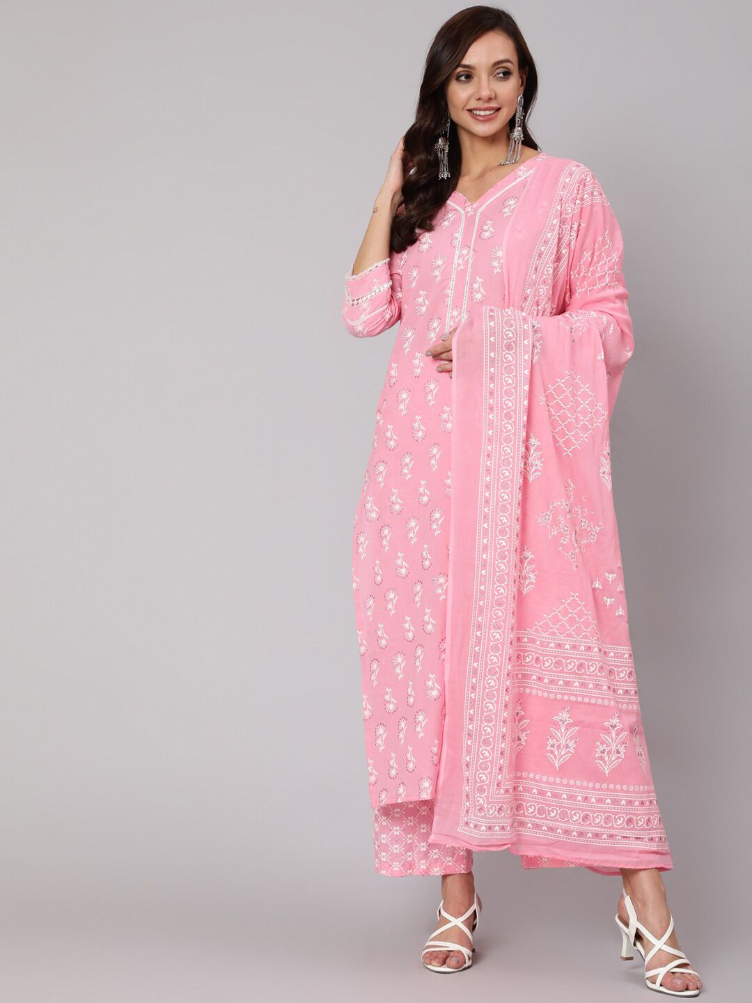 Nayo Women Pink Ethnic Motifs Printed Panelled Pure Cotton Kurta with Palazzos & With Dupatta Price in India