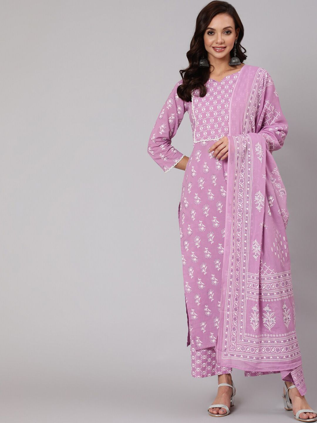 Nayo Women Purple Embroidered Panelled Pure Cotton Kurta with Trousers & With Dupatta Price in India