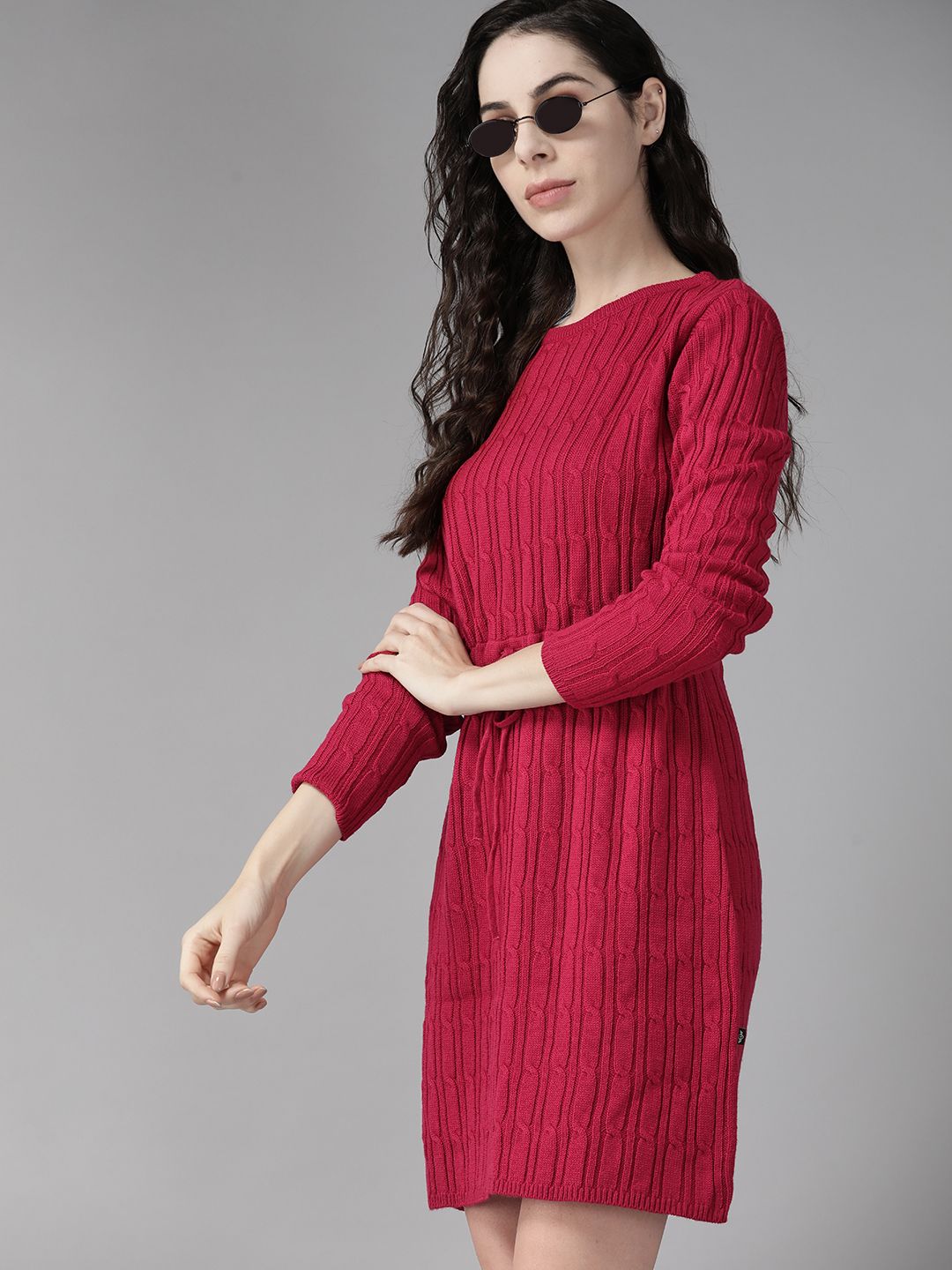 The Roadster Lifestyle Co. Women Red Cable Knit Acrylic Sweater Dress Price in India